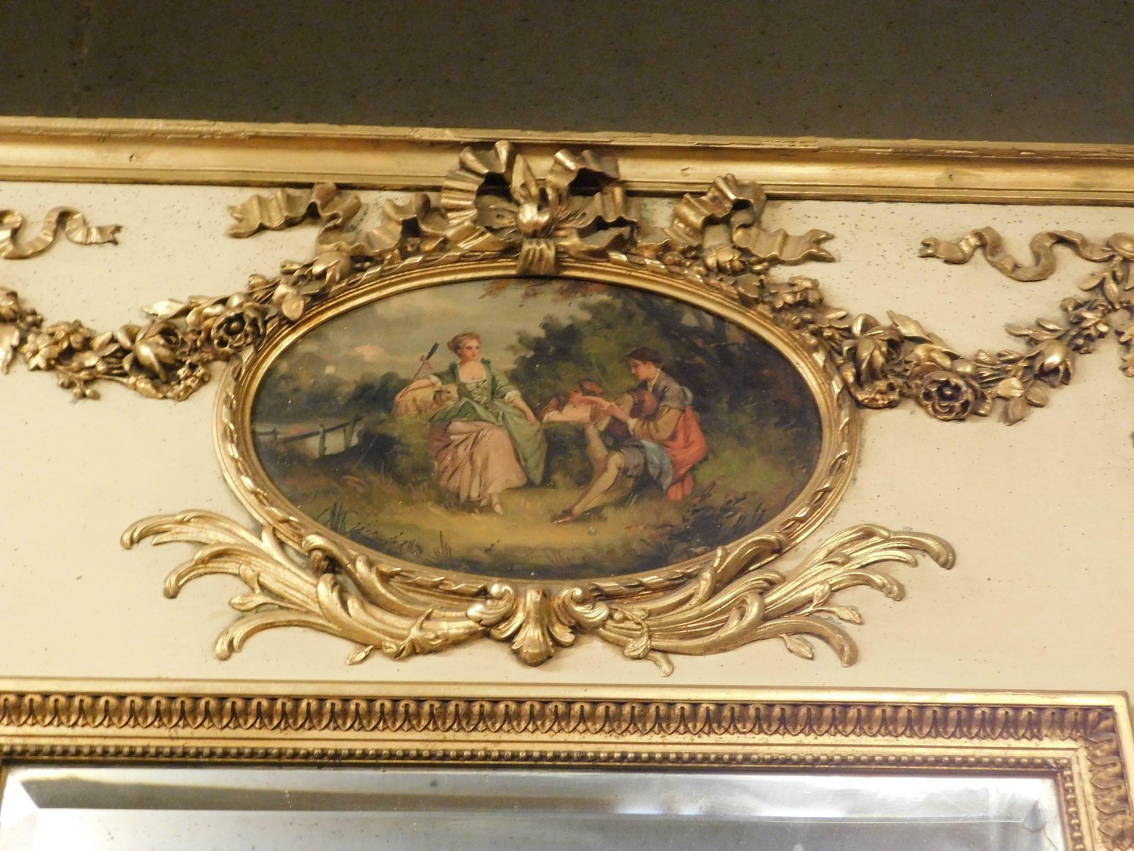 Antique Gilded And Hand Lacquered Mirror, With Painting, 19th Century, Italy. photo buy