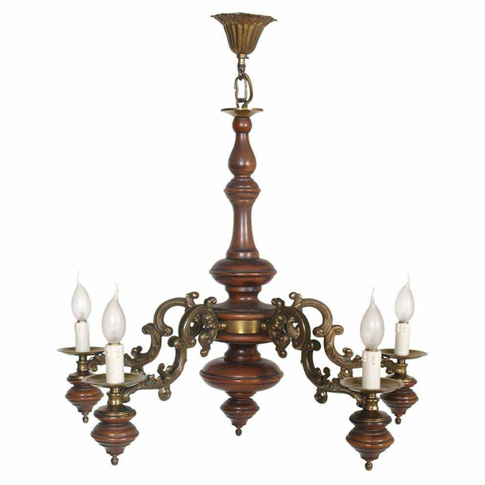 1950s Florentine Baroque Ceiling Chandelier, Turned Laquered Walnut And Bronze