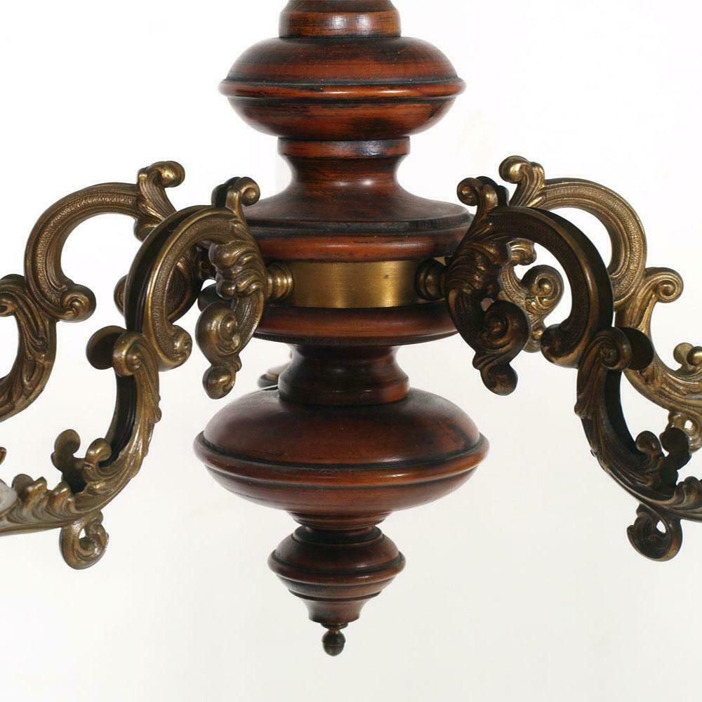 1950s Florentine Baroque Ceiling Chandelier, Turned Laquered Walnut And Bronze photo furniture