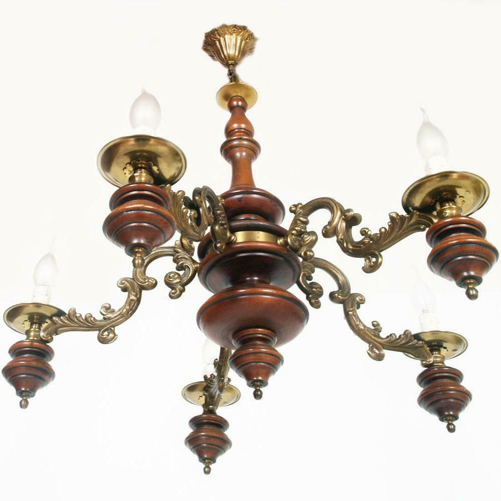 1950s Florentine Baroque Ceiling Chandelier, Turned Laquered Walnut And Bronze photo for sale