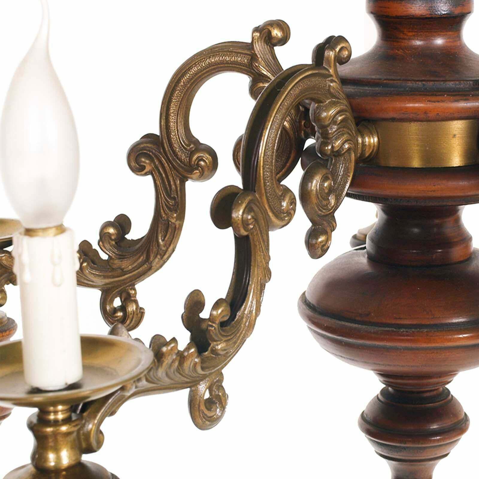 1950s Florentine Baroque Ceiling Chandelier, Turned Laquered Walnut And Bronze photo 4136.64