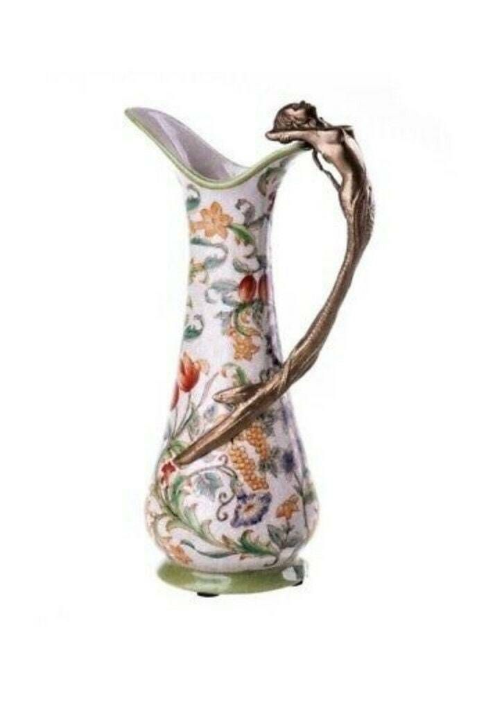Decorated Decanter With A Porcelain And Bronze Mermaid Art Nouveau Style
