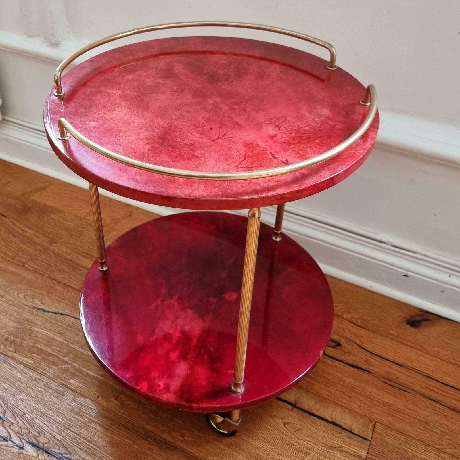 Aldo Tura, Bar Cart, Red Goatskin, Italian Midcentury / Hollywood Regency photo furniture