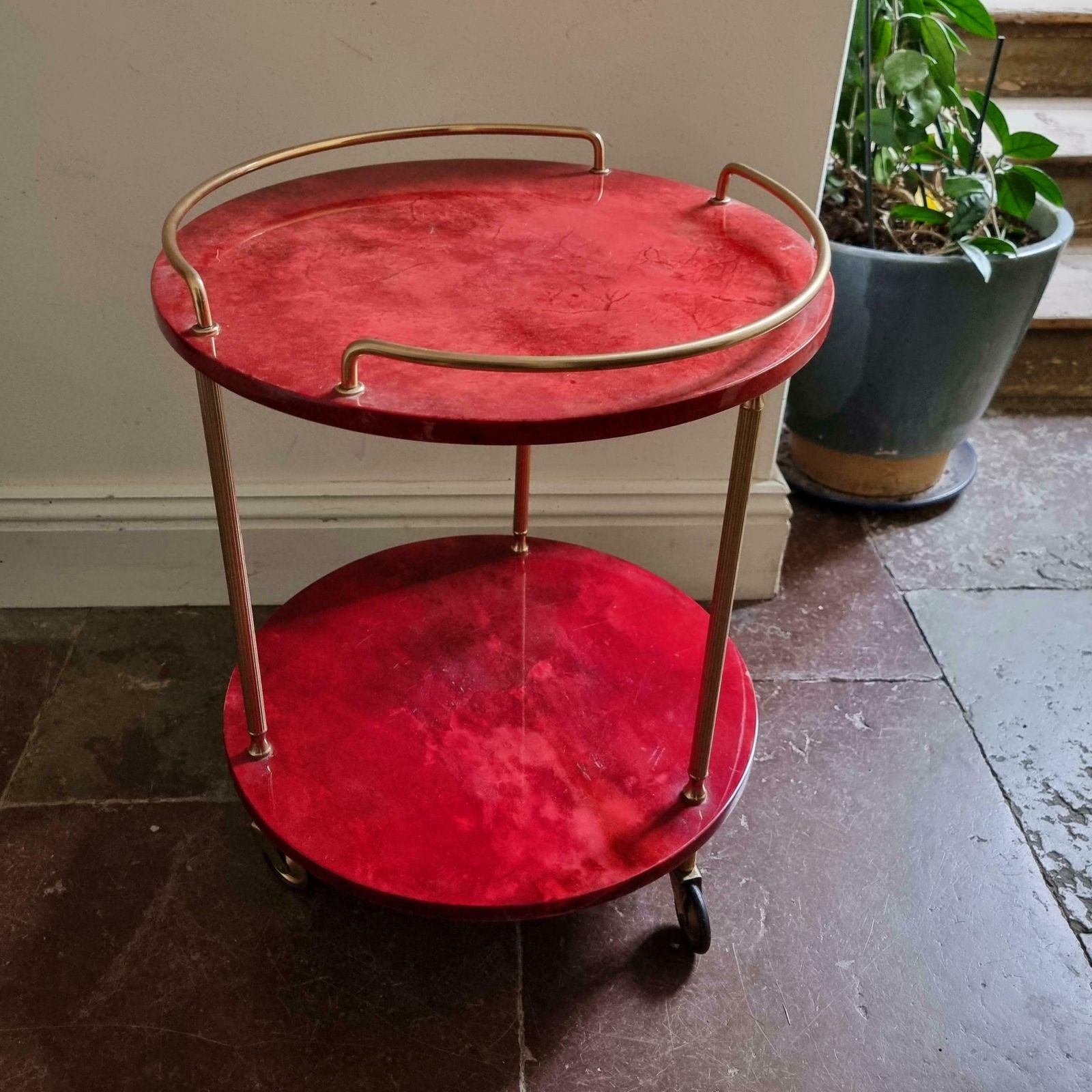 photo for sale Aldo Tura, Bar Cart, Red Goatskin, Italian Midcentury / Hollywood Regency