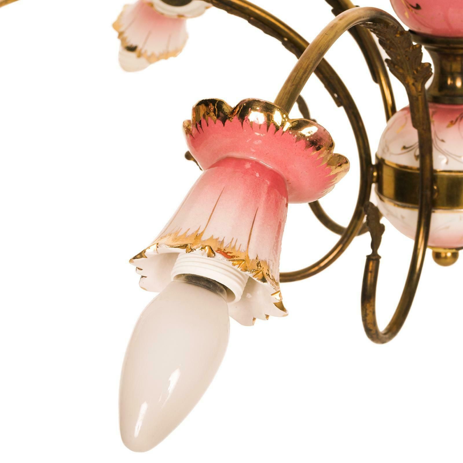 Chandelier Pendant Lamp Art Deco, Gilt Brass & Decorated Glazed Ceramic Gold photo for sale