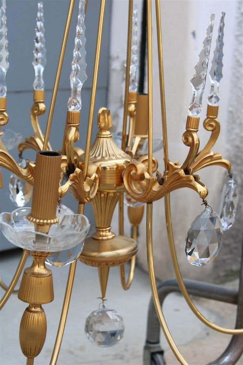 photo vintage Italian Mid Century Cristal And Gold Brass Pair Chandelier