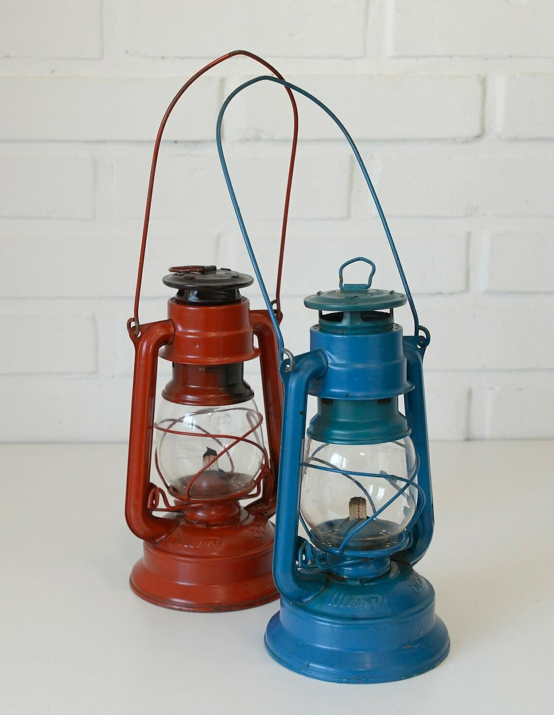Set Of 2 Vintage Lantern Lamps / Hanging Hurricane Lamps / Barn Red And Blue Lantern From 1950s photo buy