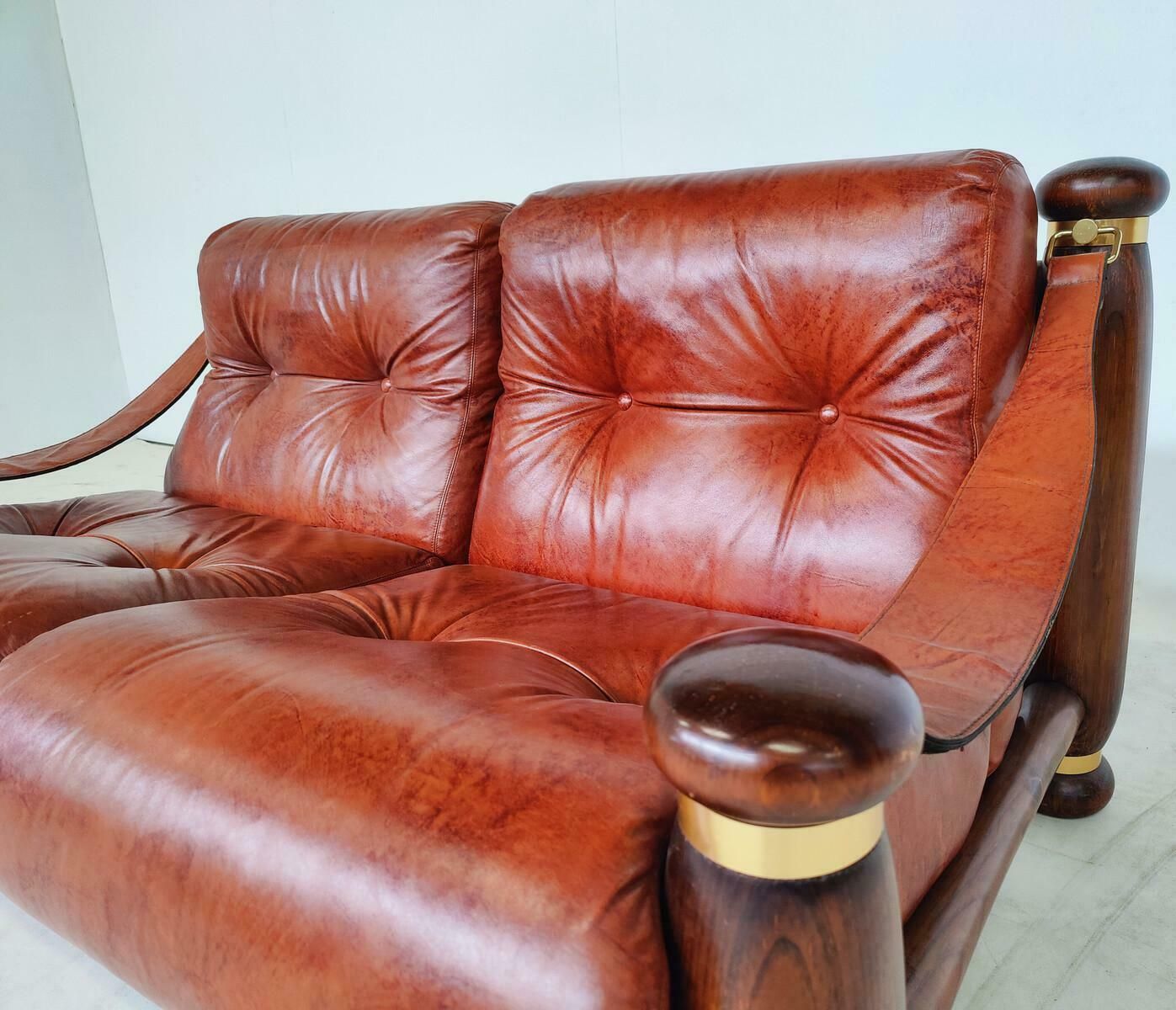 Mid Century Modern Seating Set, Leather And Wood, Italy, 1970s, Original Leather photo Furniture