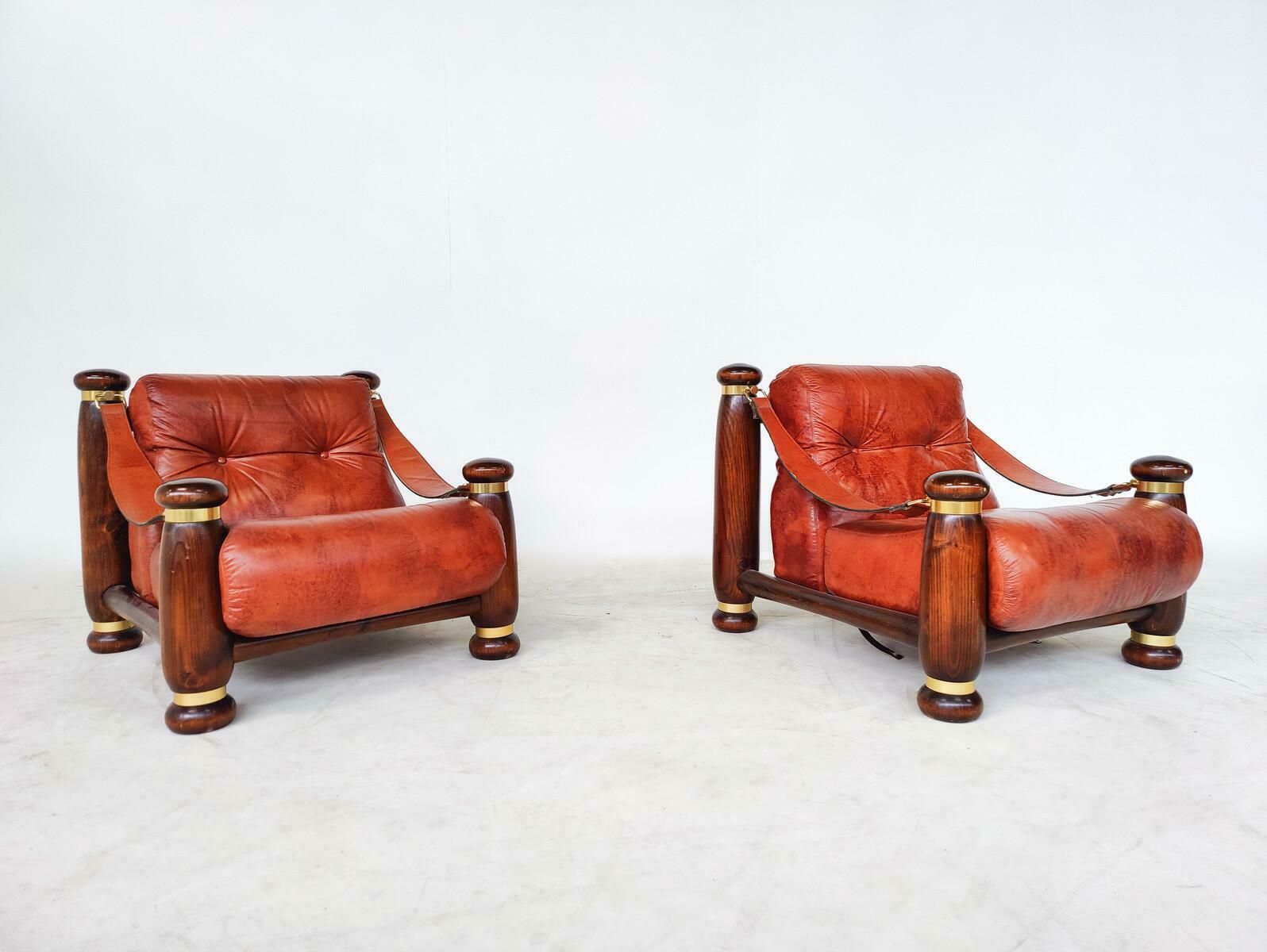 Furniture Mid Century Modern Seating Set, Leather And Wood, Italy, 1970s, Original Leather photo