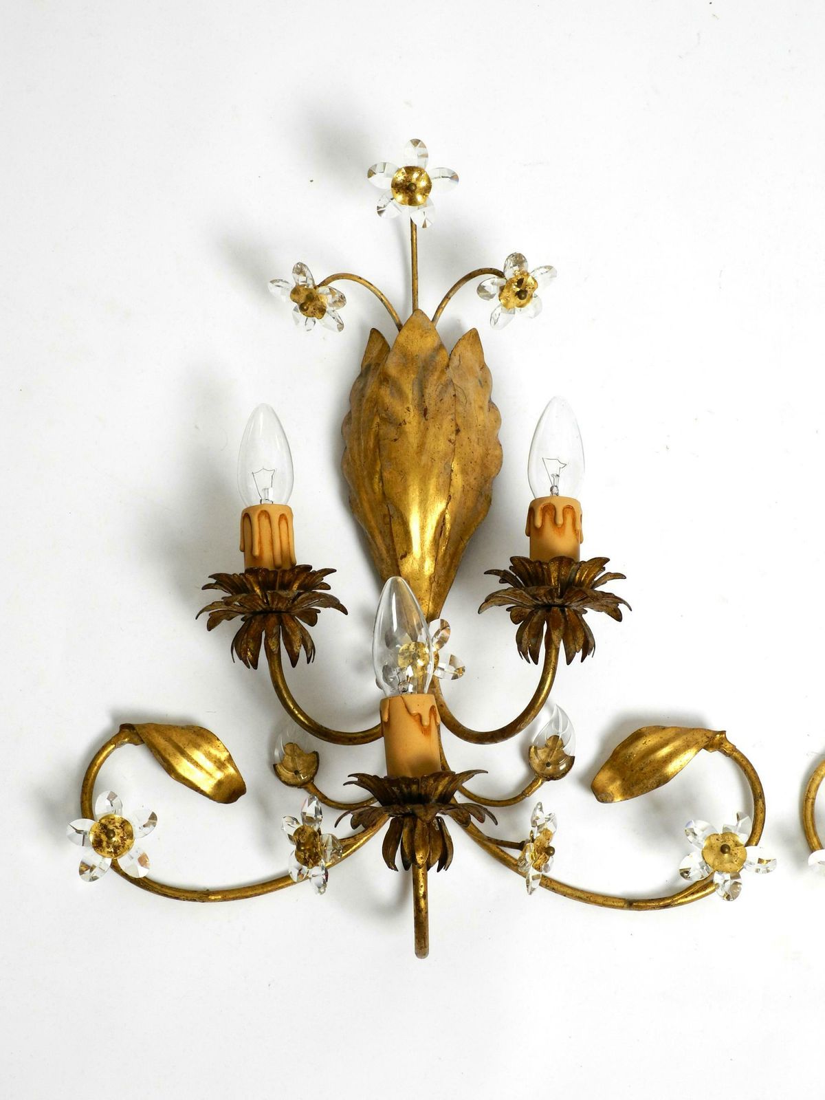 Pair Of Elegant Gold Plated Italian 1980's Floral Regency Murano Glass Sconces photo furniture