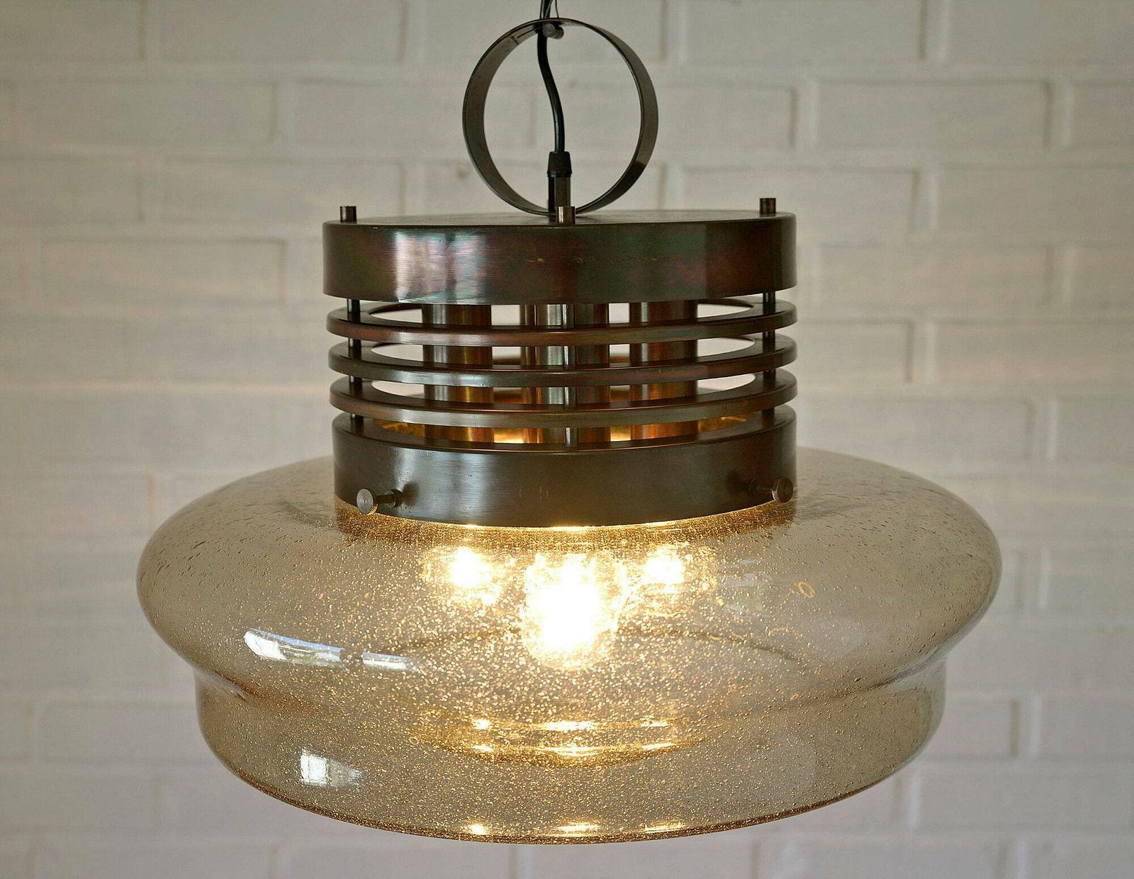 Vintage Brutalist Light Fixture / Hand Blown Glass Pendant Lamp / Xl Rustic Copper Loft Chandelier / Mid Century Modern Yugoslavia In 80's