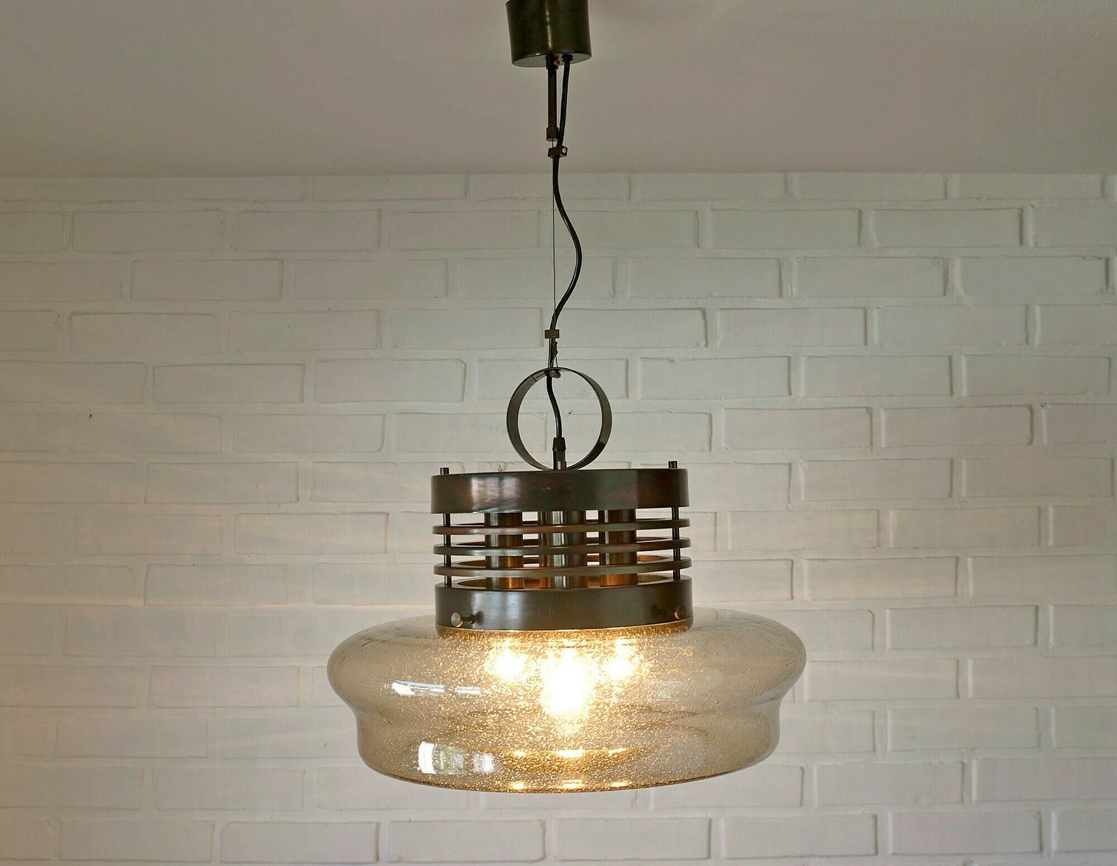 Vintage Brutalist Light Fixture / Hand Blown Glass Pendant Lamp / Xl Rustic Copper Loft Chandelier / Mid Century Modern Yugoslavia In 80's photo furniture