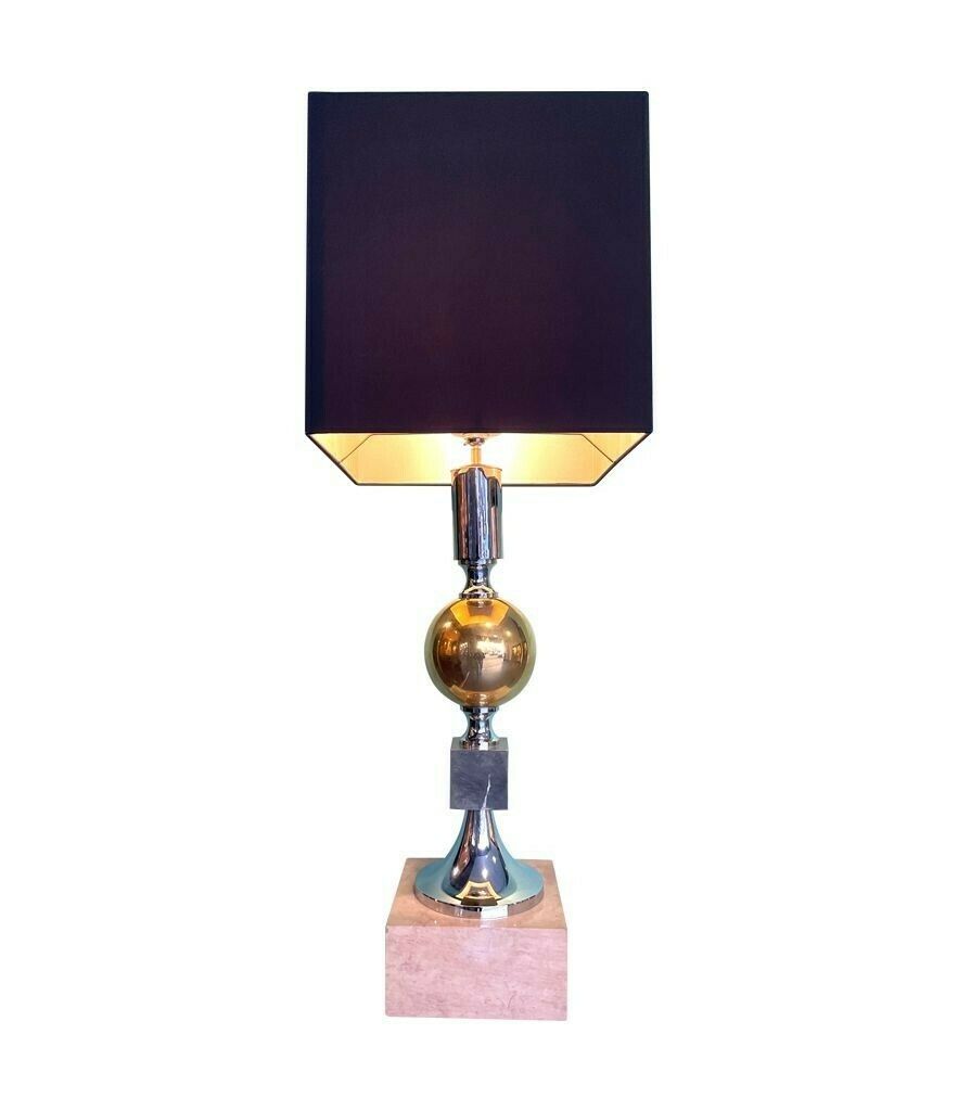 A Large French 1970s Brass, Chrome And Marble Lamp By Maison Barbier photo vinterior