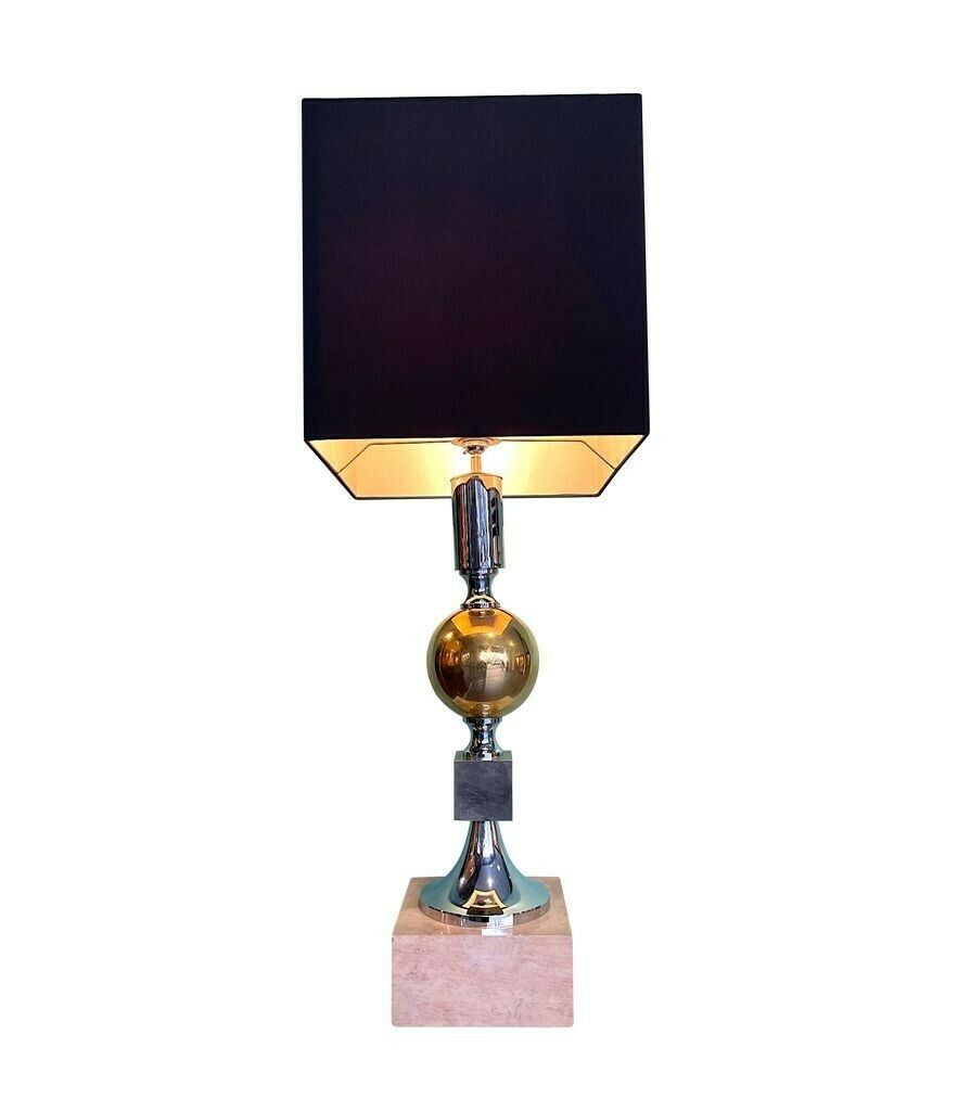 A Large French 1970s Brass, Chrome And Marble Lamp By Maison Barbier photo vintage