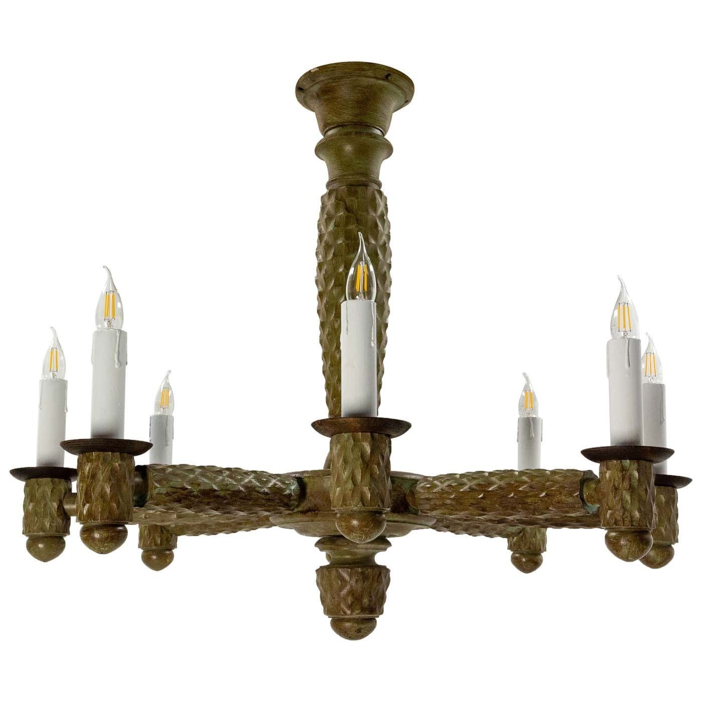 French Walnut, Chrome And Glass Ceiling Lustre Eight Lamps, Circa 1960