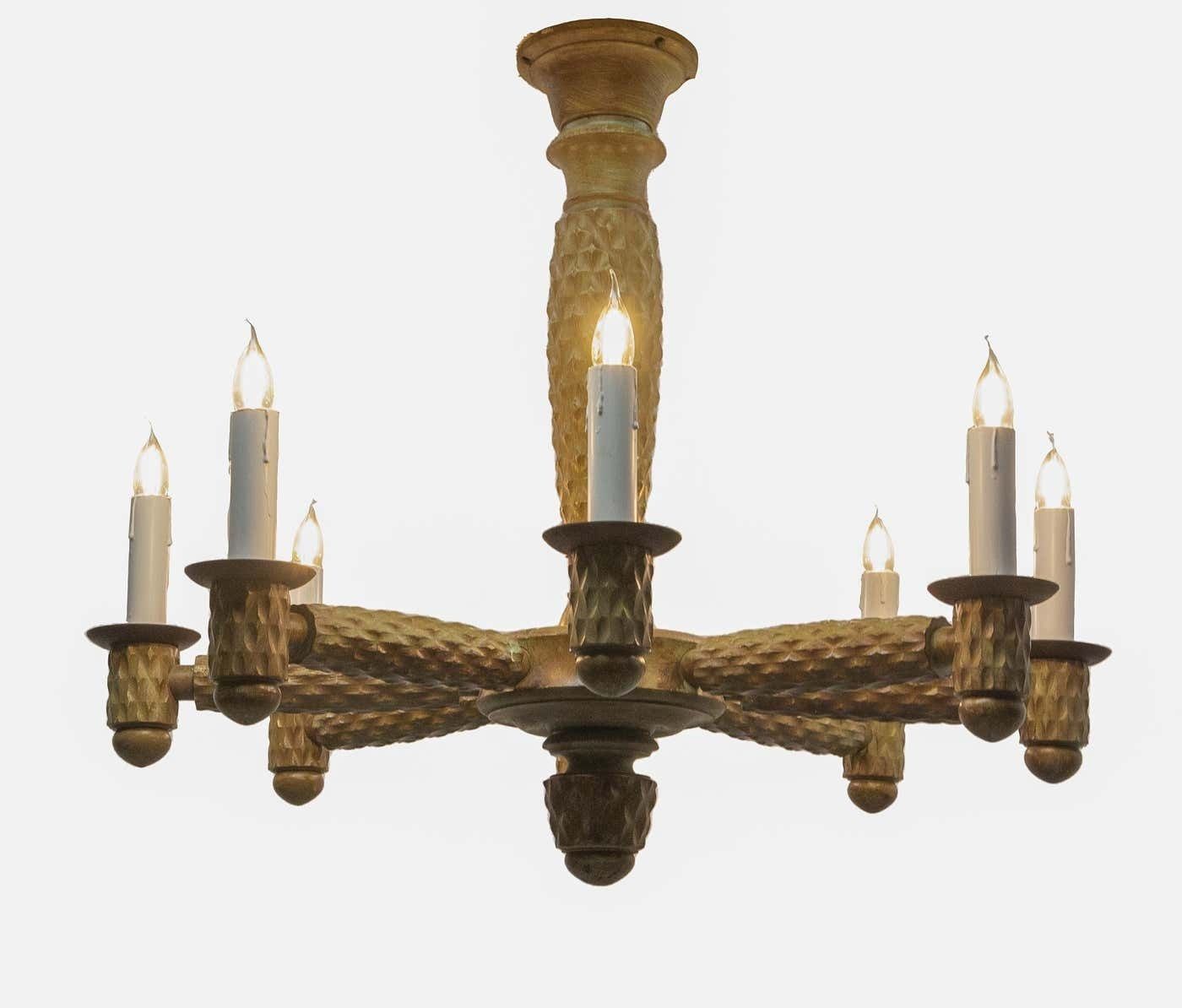 French Walnut, Chrome And Glass Ceiling Lustre Eight Lamps, Circa 1960 photo for sale