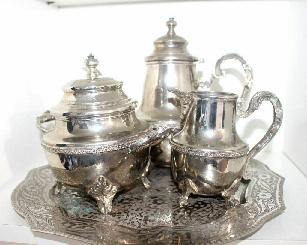 Set Of 4 Pieces Of Tea/Coffee Sugar Bowl And Milk Silver Antique Serving Set photo furniture