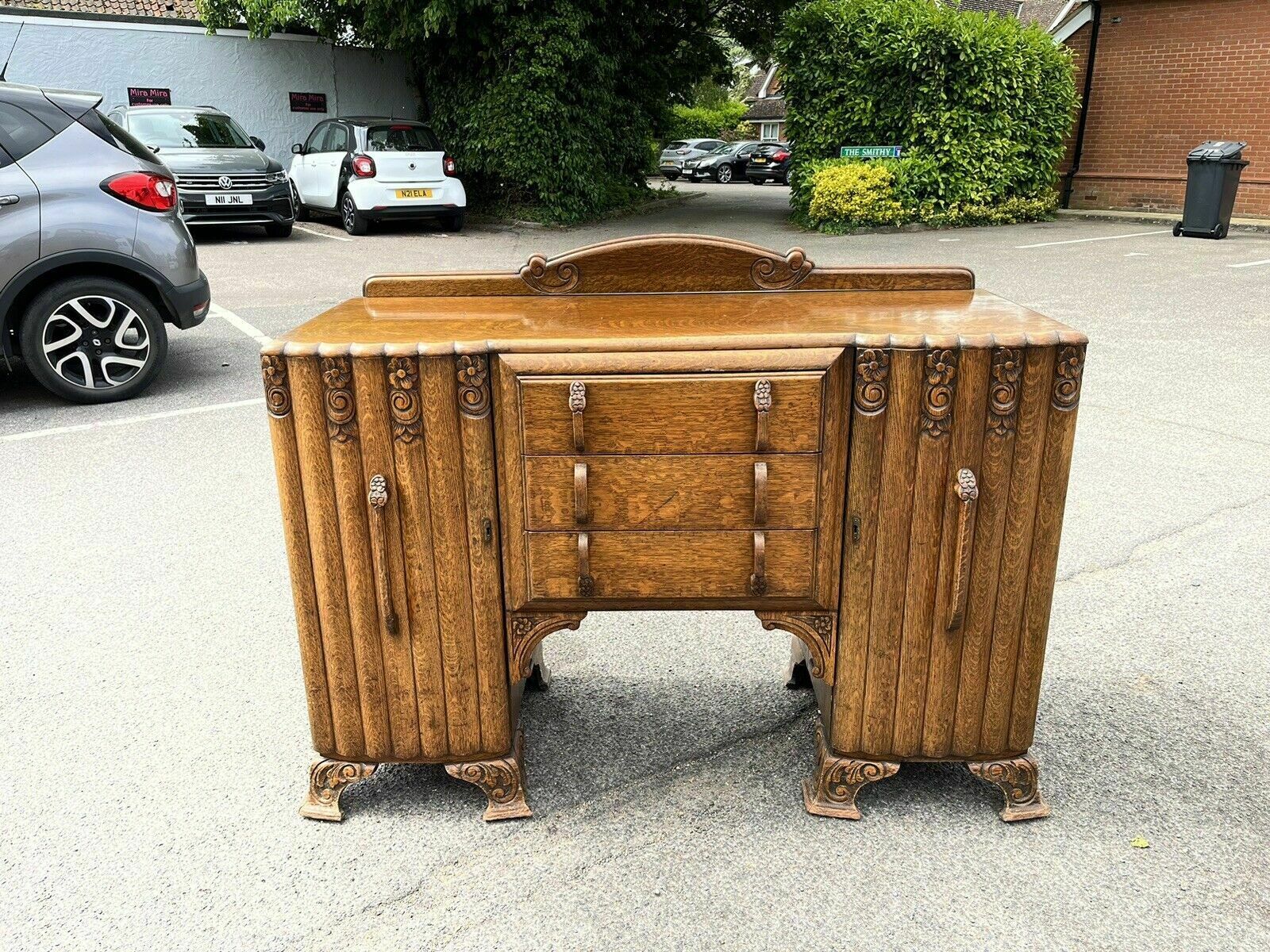Art Deco Oak Sideboard. Circa 1930’s. Carved With Flowers Lots Of Storage photo for sale