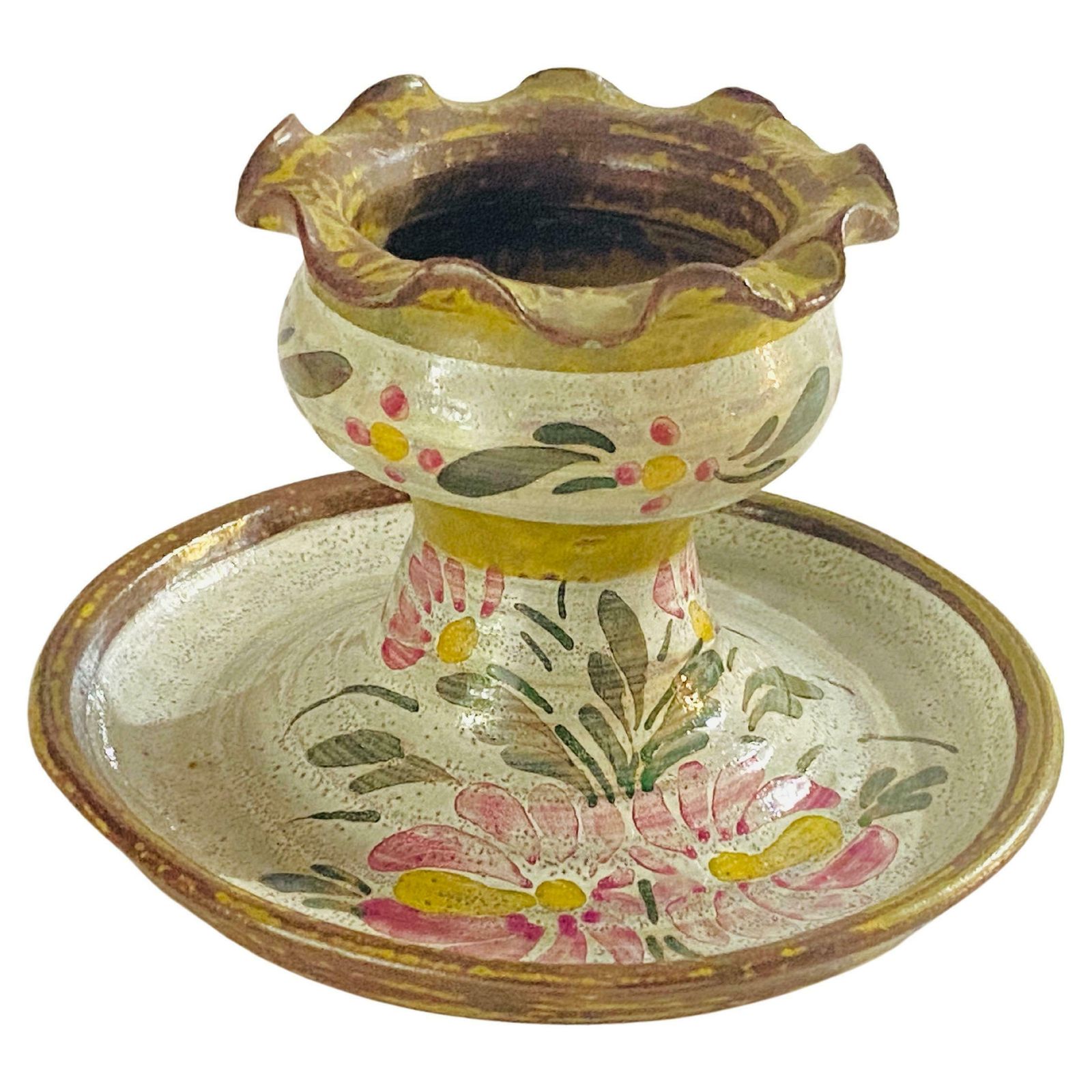 Ceramic Candleholder France 1960 Beige Green Flowers Decor Pattern By Kerluc