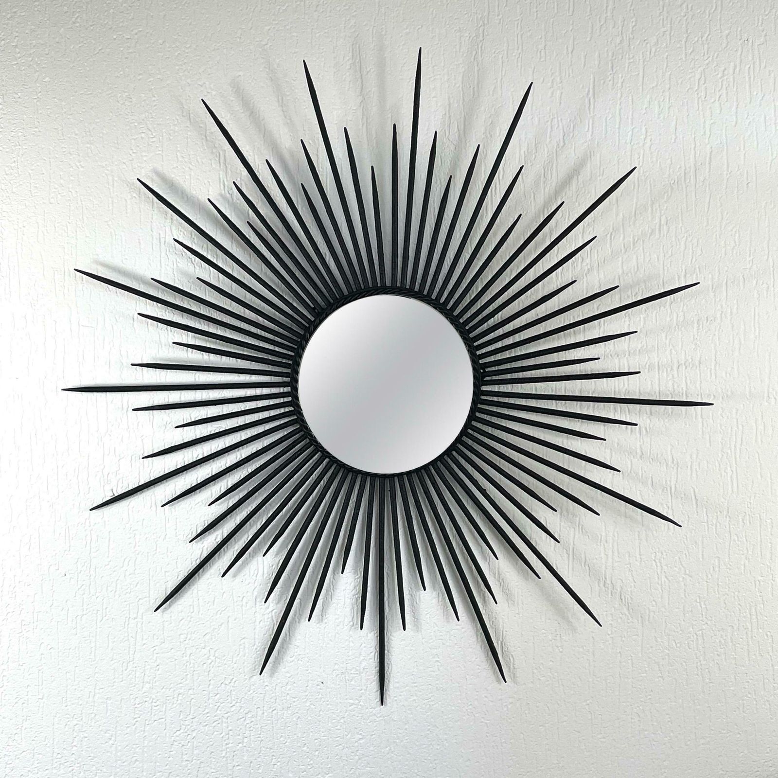 Brutalist Black Wrought Iron Sunburst Mirror, France 1950s photo furniture