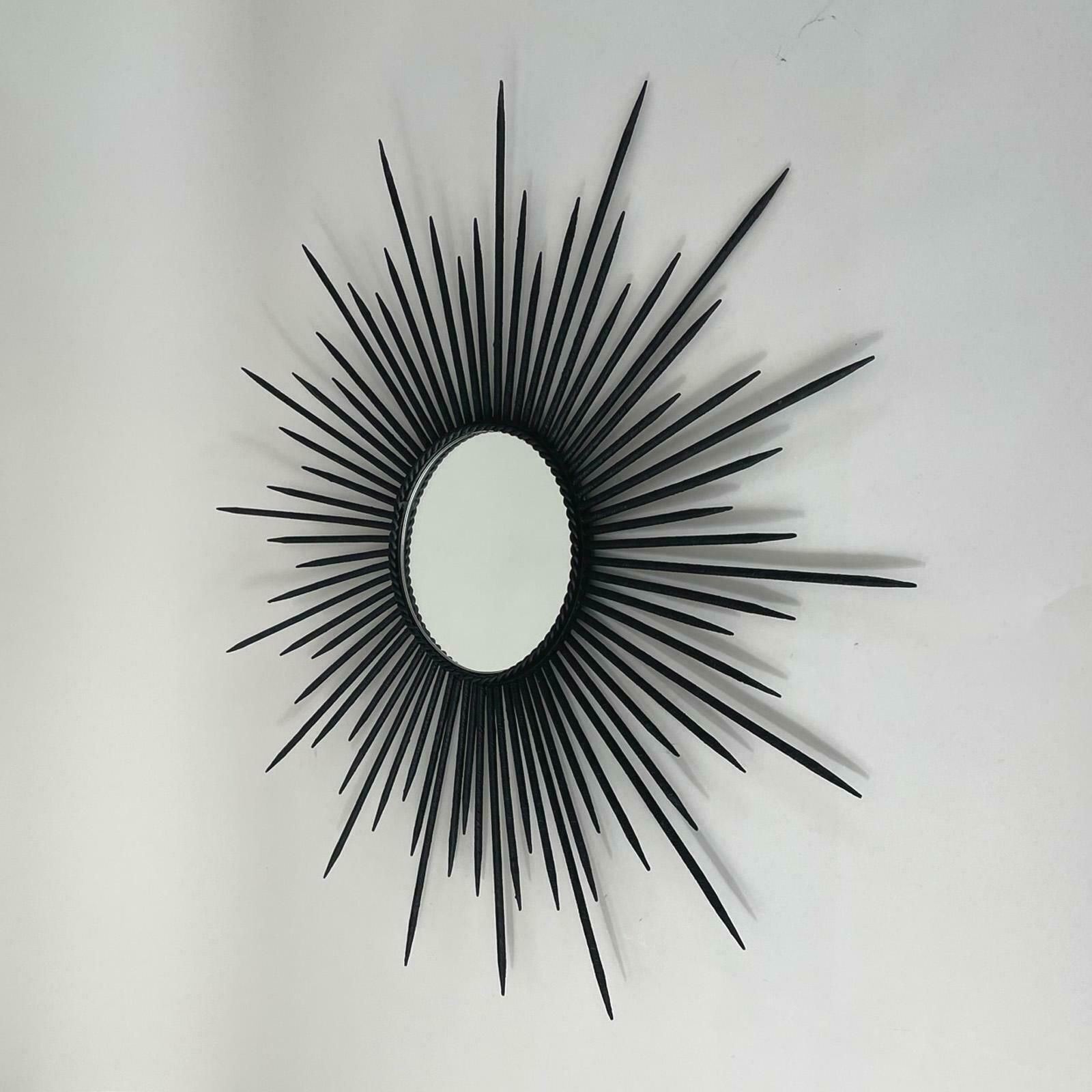 Brutalist Black Wrought Iron Sunburst Mirror, France 1950s photo vinterior