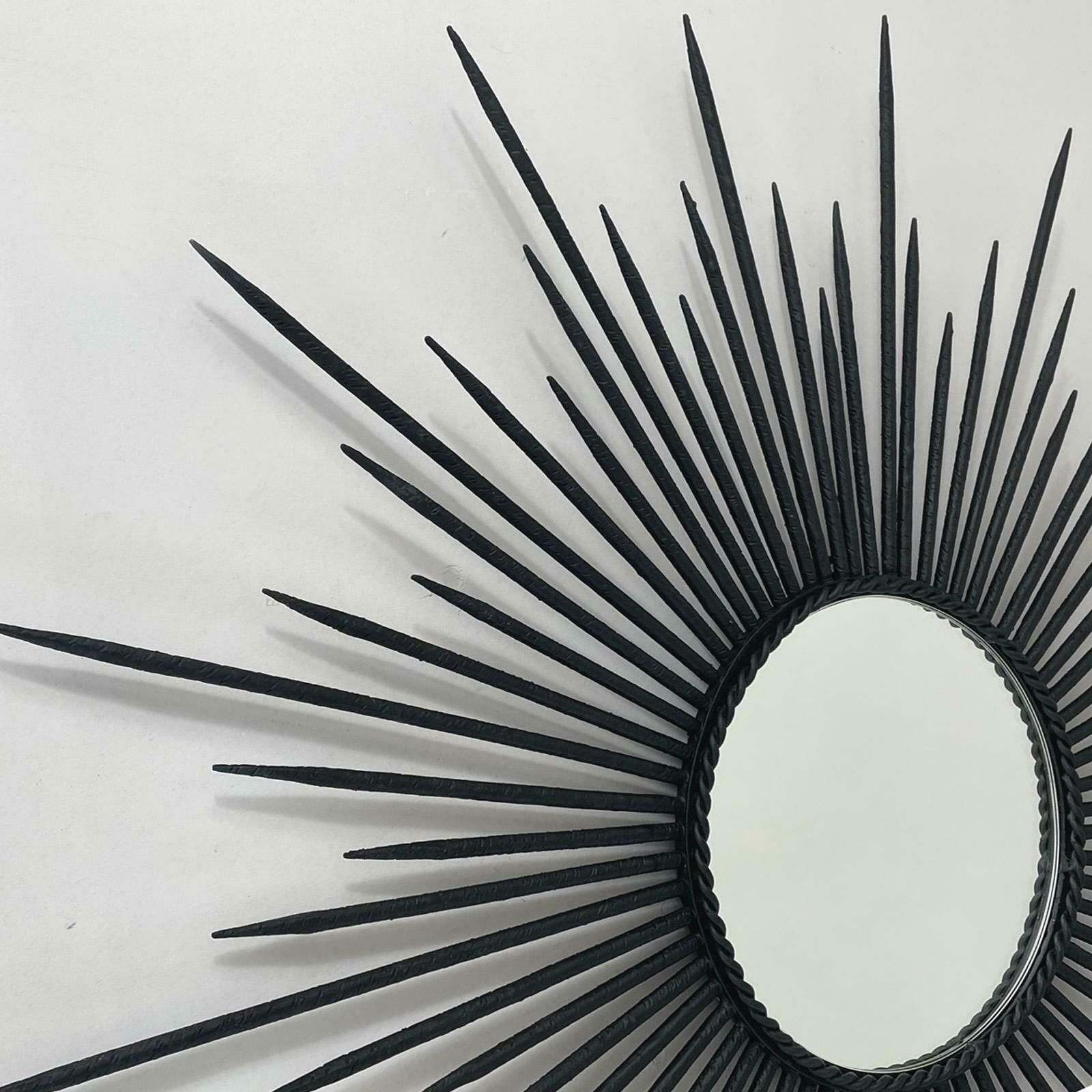 1448.0 Brutalist Black Wrought Iron Sunburst Mirror, France 1950s photo