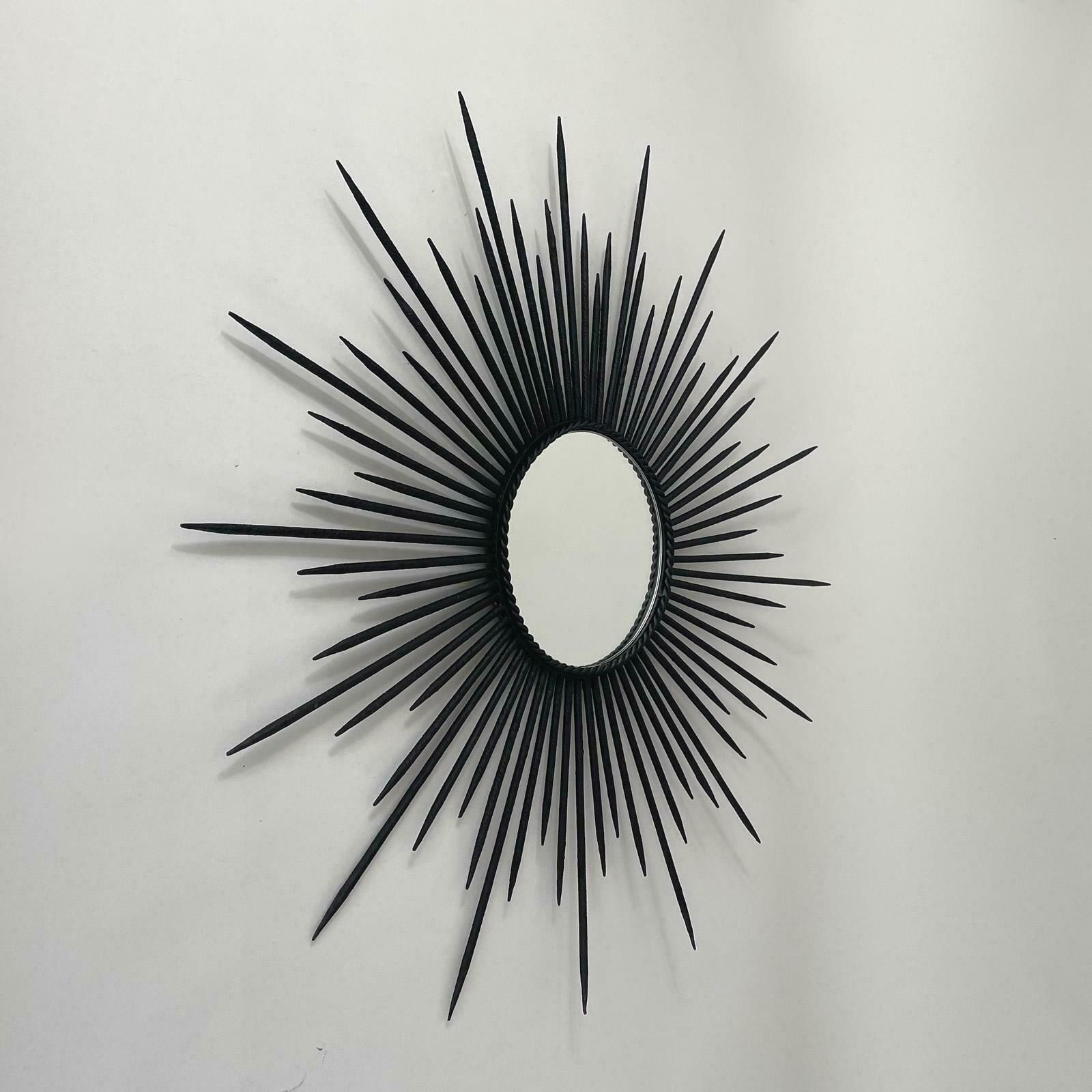 photo buy Brutalist Black Wrought Iron Sunburst Mirror, France 1950s