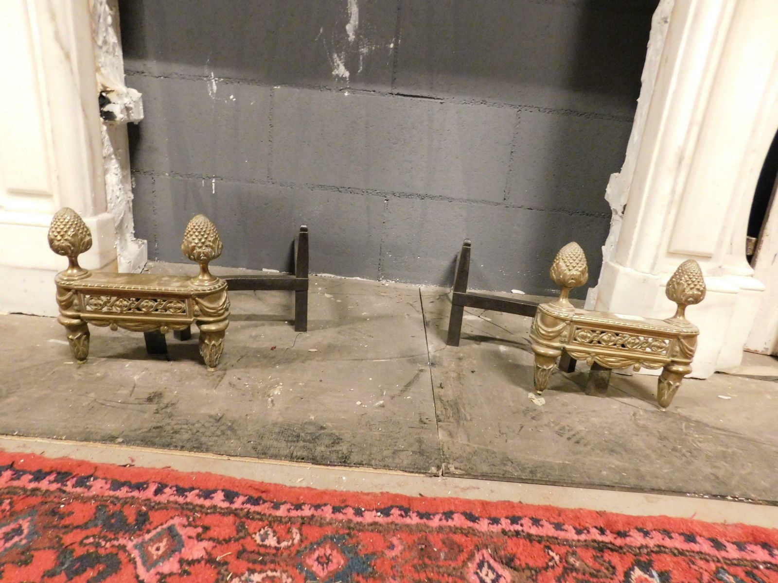 Pair Of Antique Fire Dogs In Gilded Bronze Richly Decorated With Pine Cones, '800 photo furniture