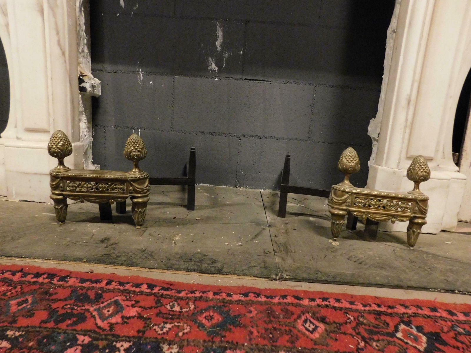 Pair Of Antique Fire Dogs In Gilded Bronze Richly Decorated With Pine Cones, '800 photo Home Fixtures