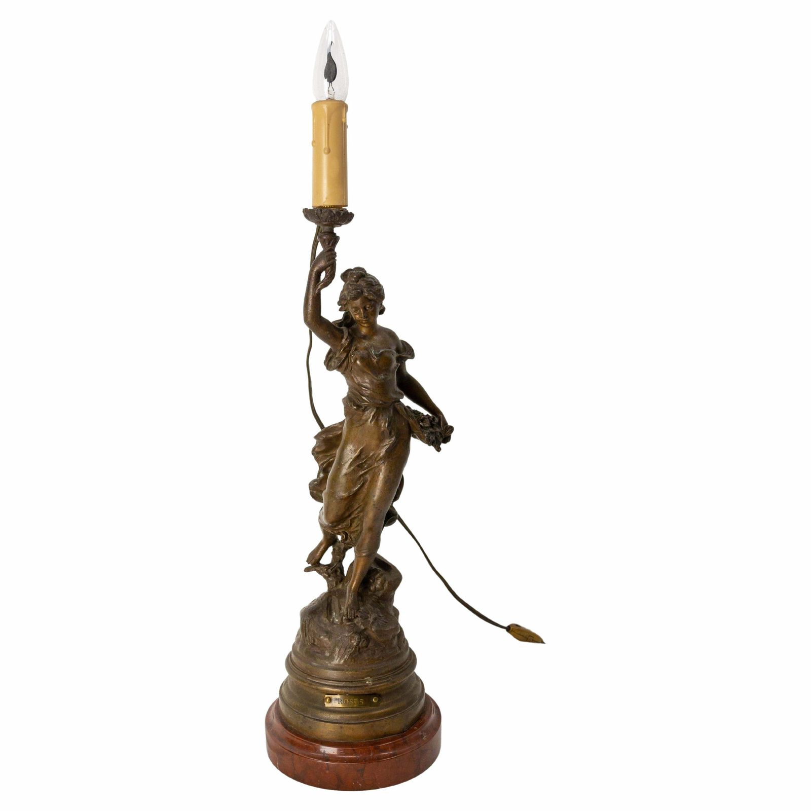 French Spelter Woman With Roses Table Lamp From L A Moreau On Marble Base C 1900