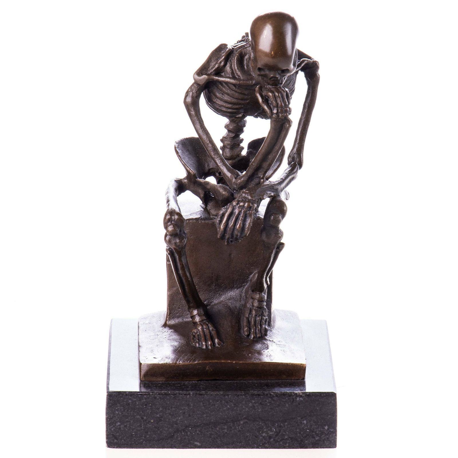 Thinking Skeleton Bronze Sculpture, Figure On Marble Base, Vintage Figurine, Signed Statue, Gift Idea photo for sale