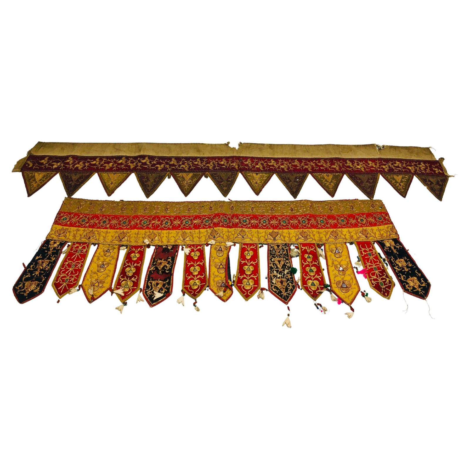 Pair Of Early 20th C Afghan Bejewelled & Gold Cotton Embroidered Door Pelmets