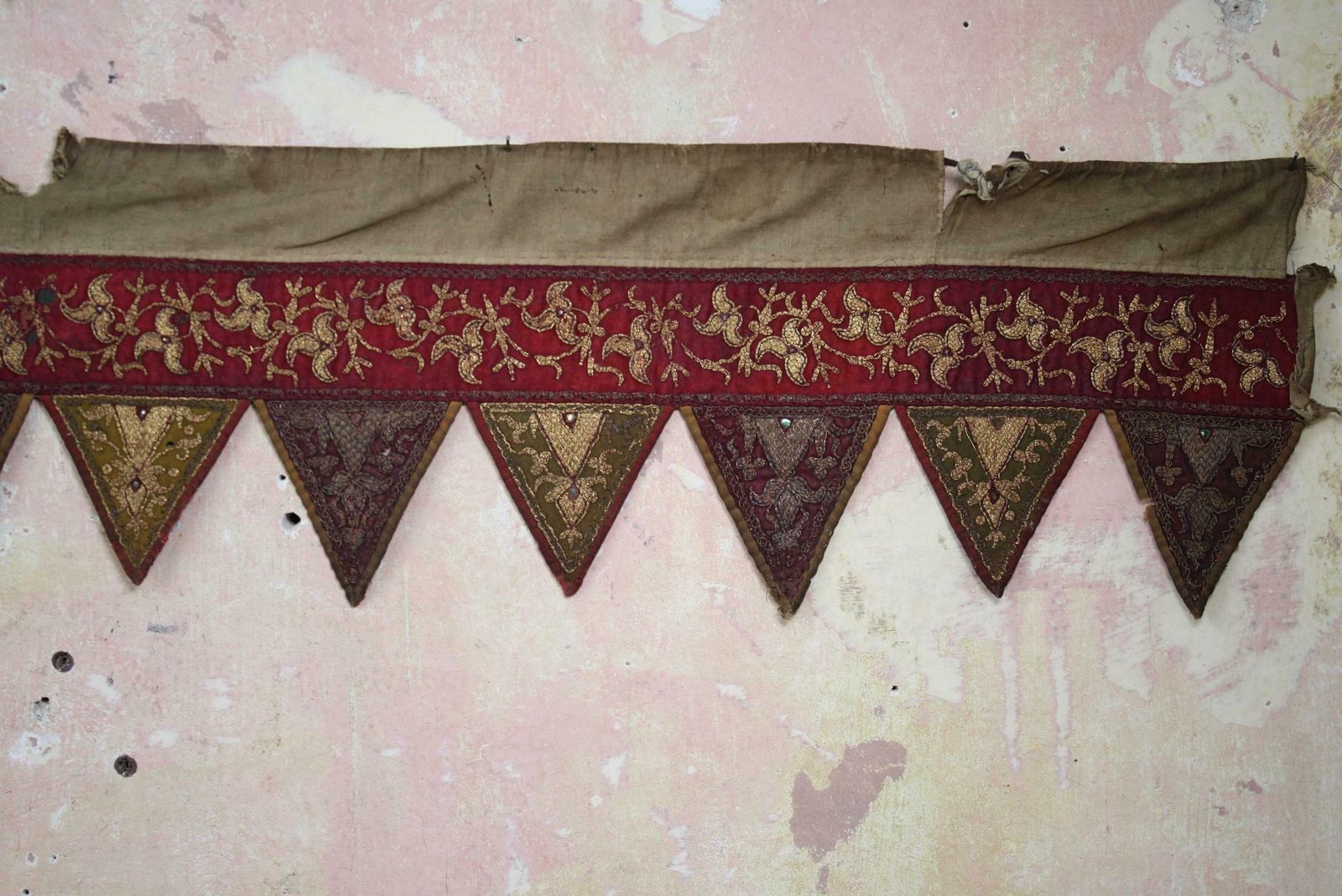 photo for sale Pair Of Early 20th C Afghan Bejewelled & Gold Cotton Embroidered Door Pelmets