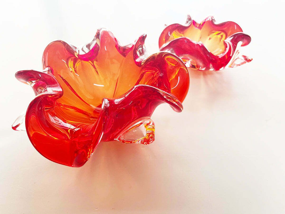 Pair Of Red Flower Vases 1970 Murano Venice  Art