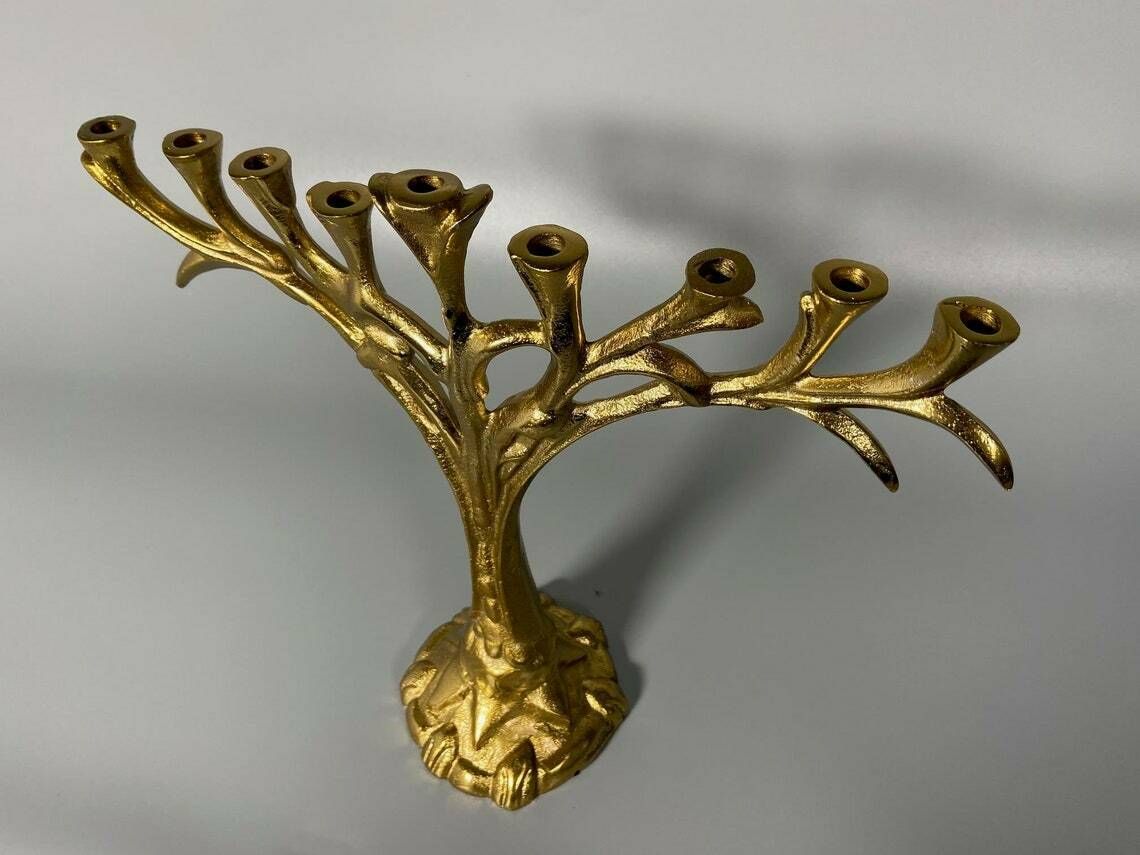 Brass Candle Holder, Hanukkah Candelabrum, Jewish Candlestick, Golden Candle Holder For Nine Candles, Judaica Gift photo Home Decor