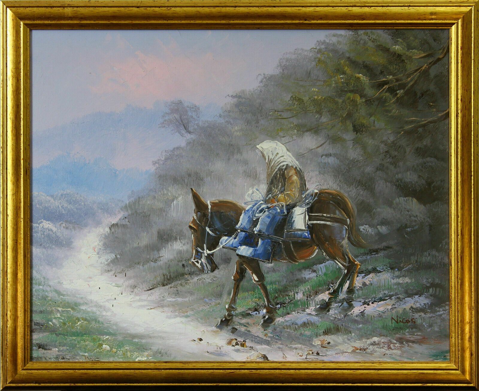Oil On Board Of Woman Riding A Donkey By Nicos
