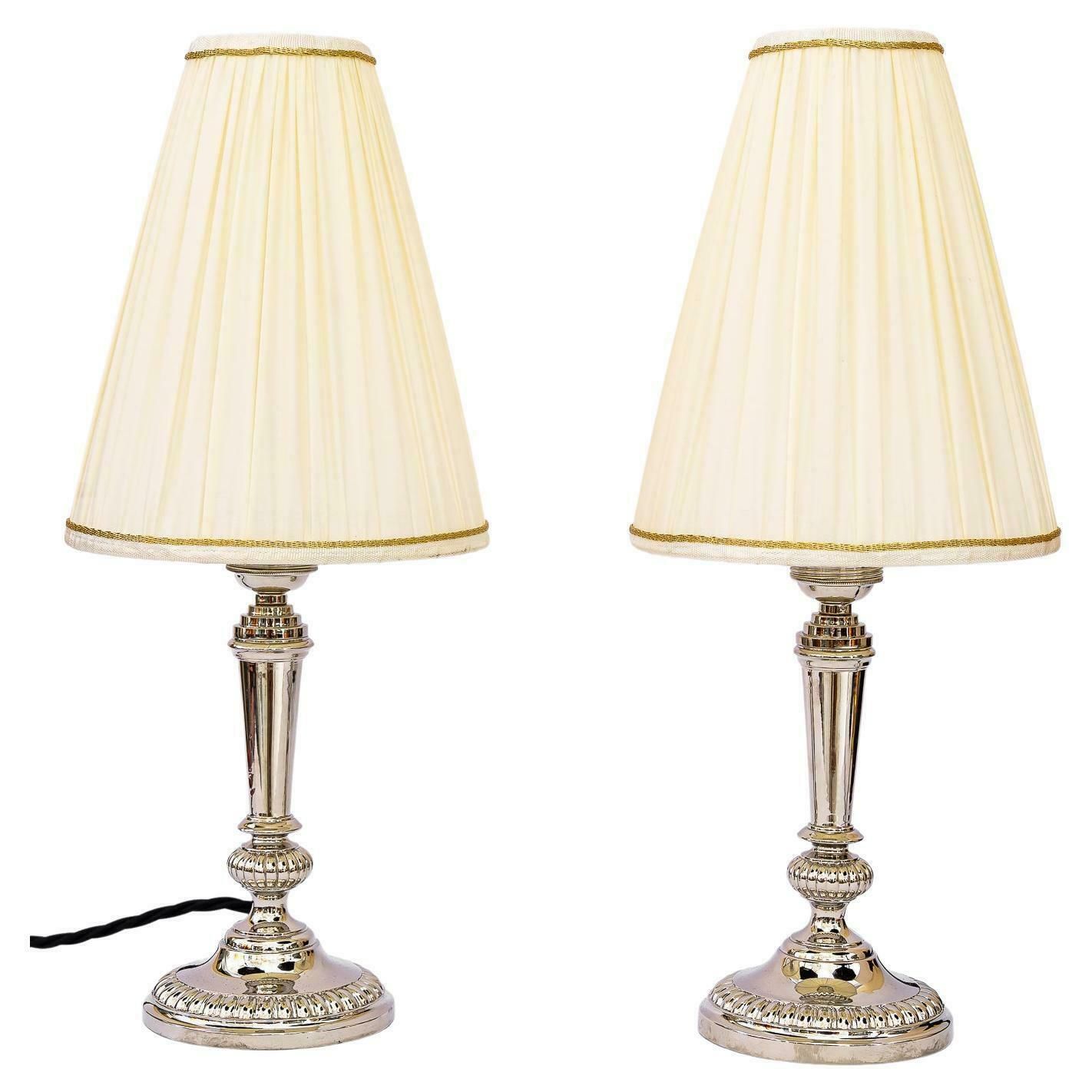 2 Art Deco Nickel, Plated Table Lamps With Fabric Shades, Vienna, Around 1920s