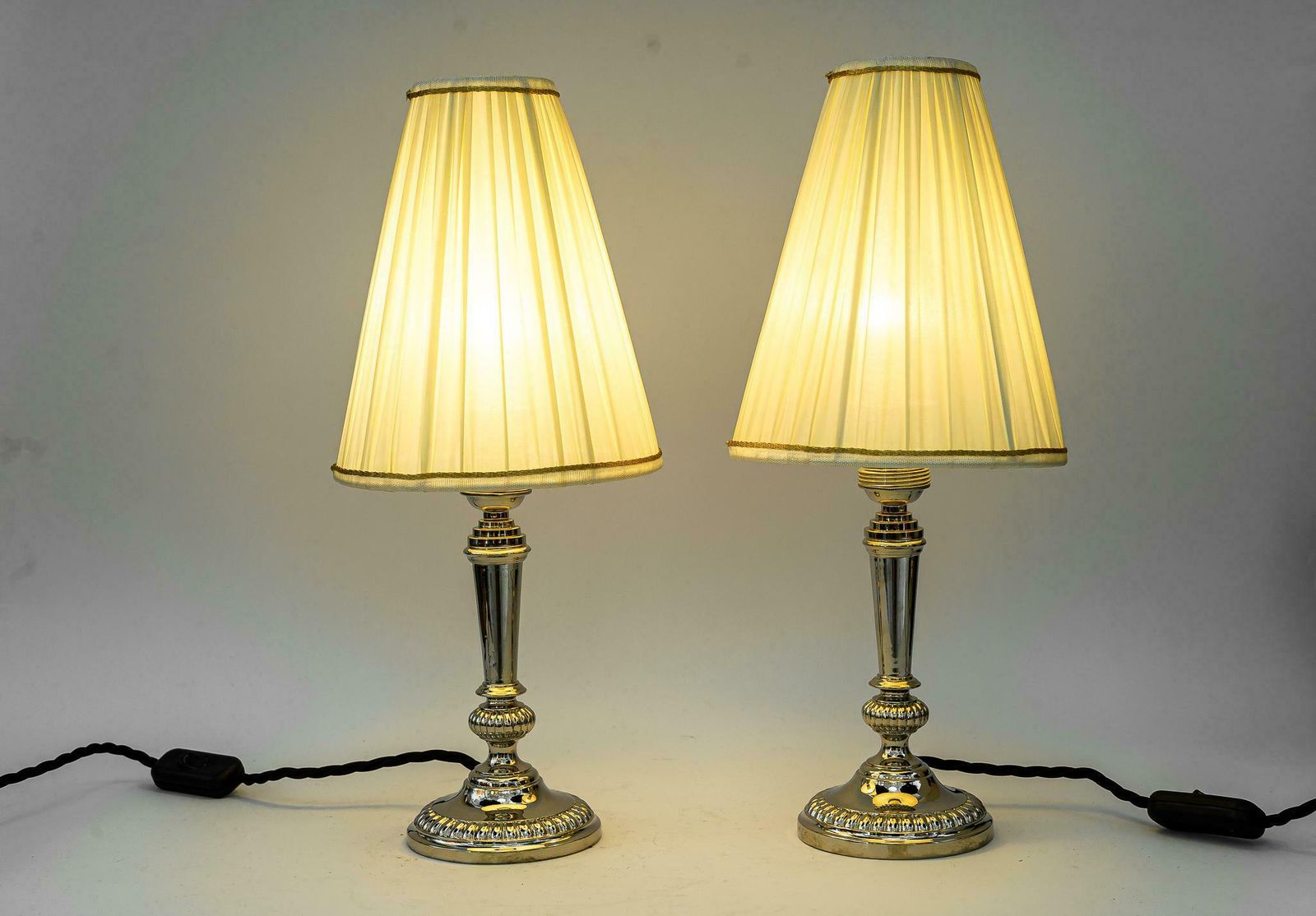 photo furniture 2 Art Deco Nickel, Plated Table Lamps With Fabric Shades, Vienna, Around 1920s