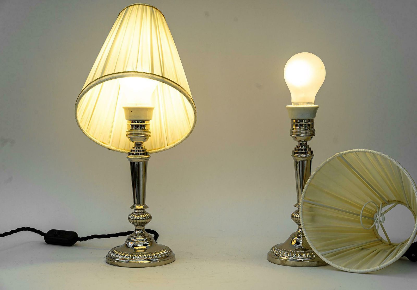photo vinterior 2 Art Deco Nickel, Plated Table Lamps With Fabric Shades, Vienna, Around 1920s