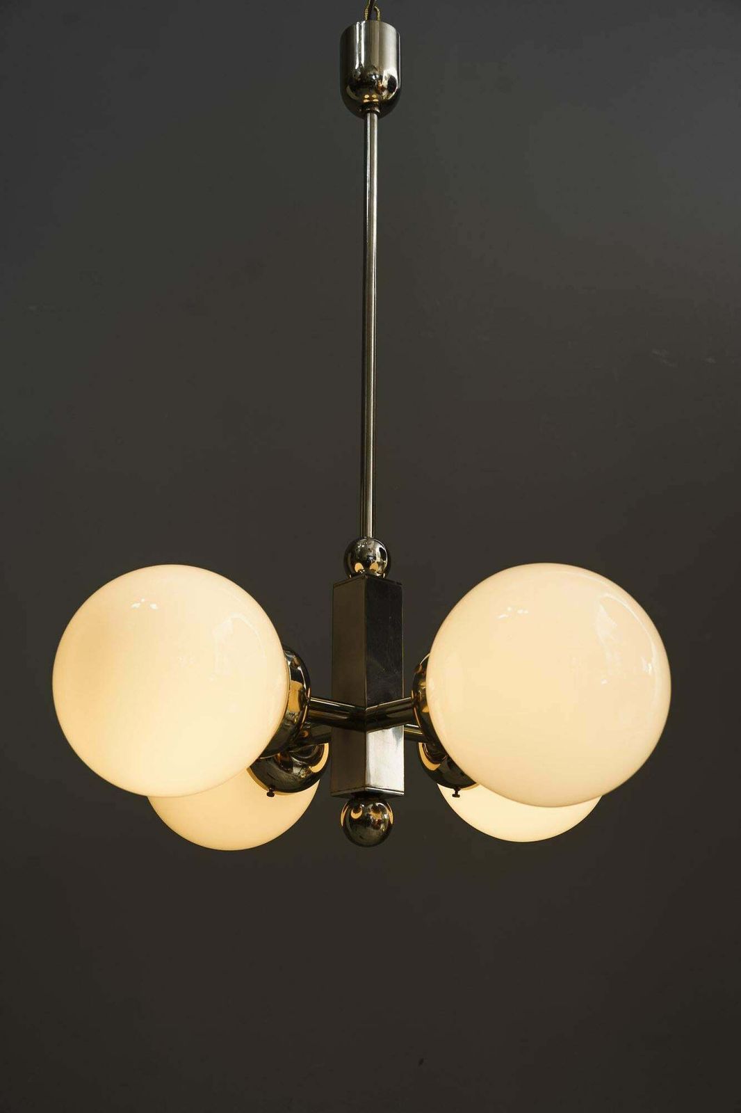 1404.0 Nickel Plated Art Deco Chandelier With Opal Glass Shades Vienna Around 1920s photo