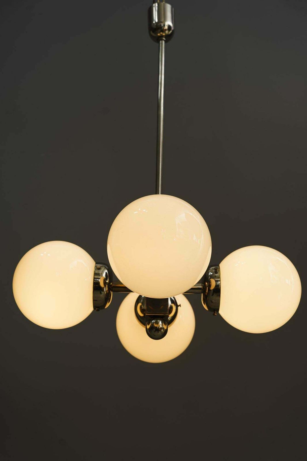 photo vintage Nickel Plated Art Deco Chandelier With Opal Glass Shades Vienna Around 1920s