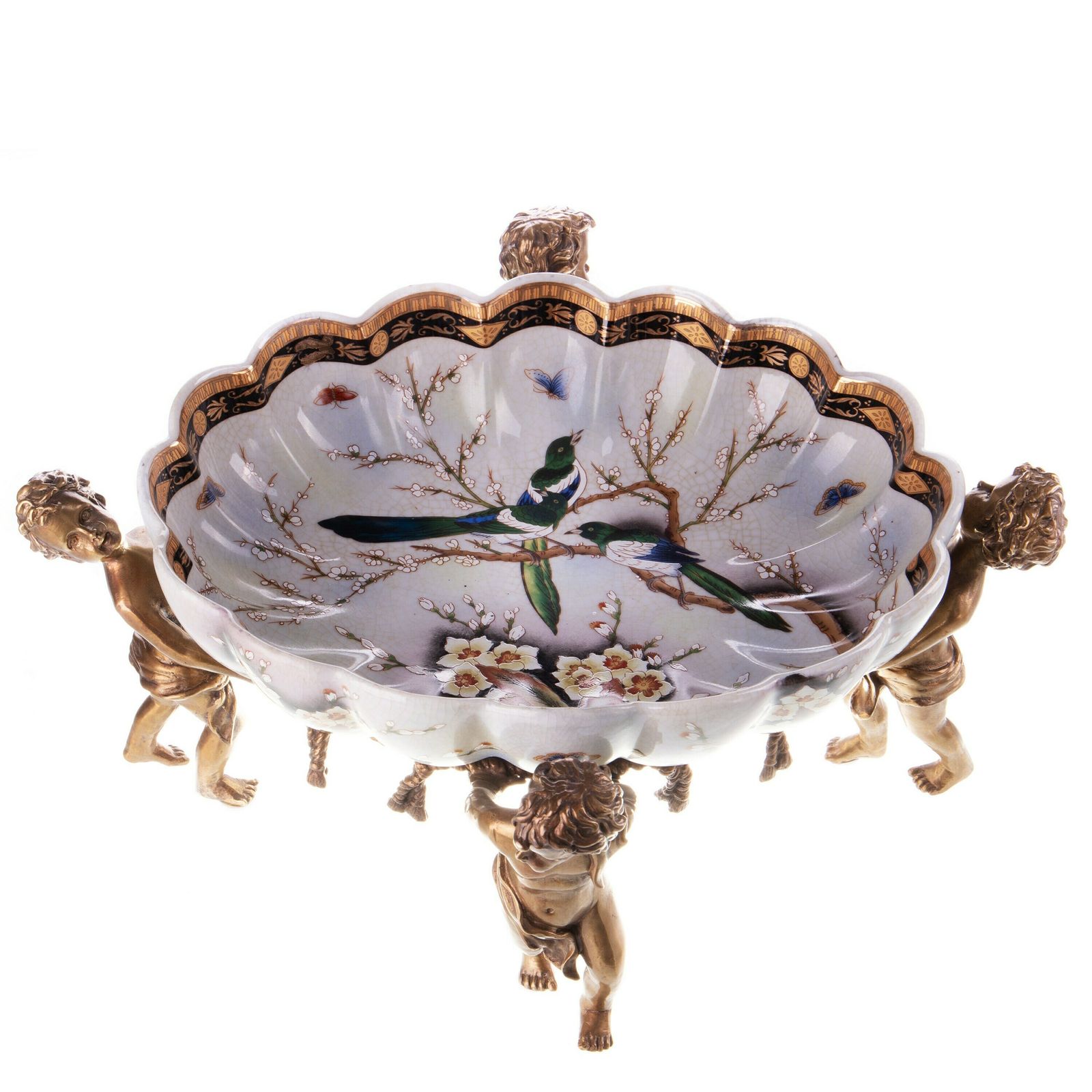 Large Decorative Bowl, Plateau Made Of Porcelain And Bronze, Angels And Birds, Antique Home Deco photo furniture