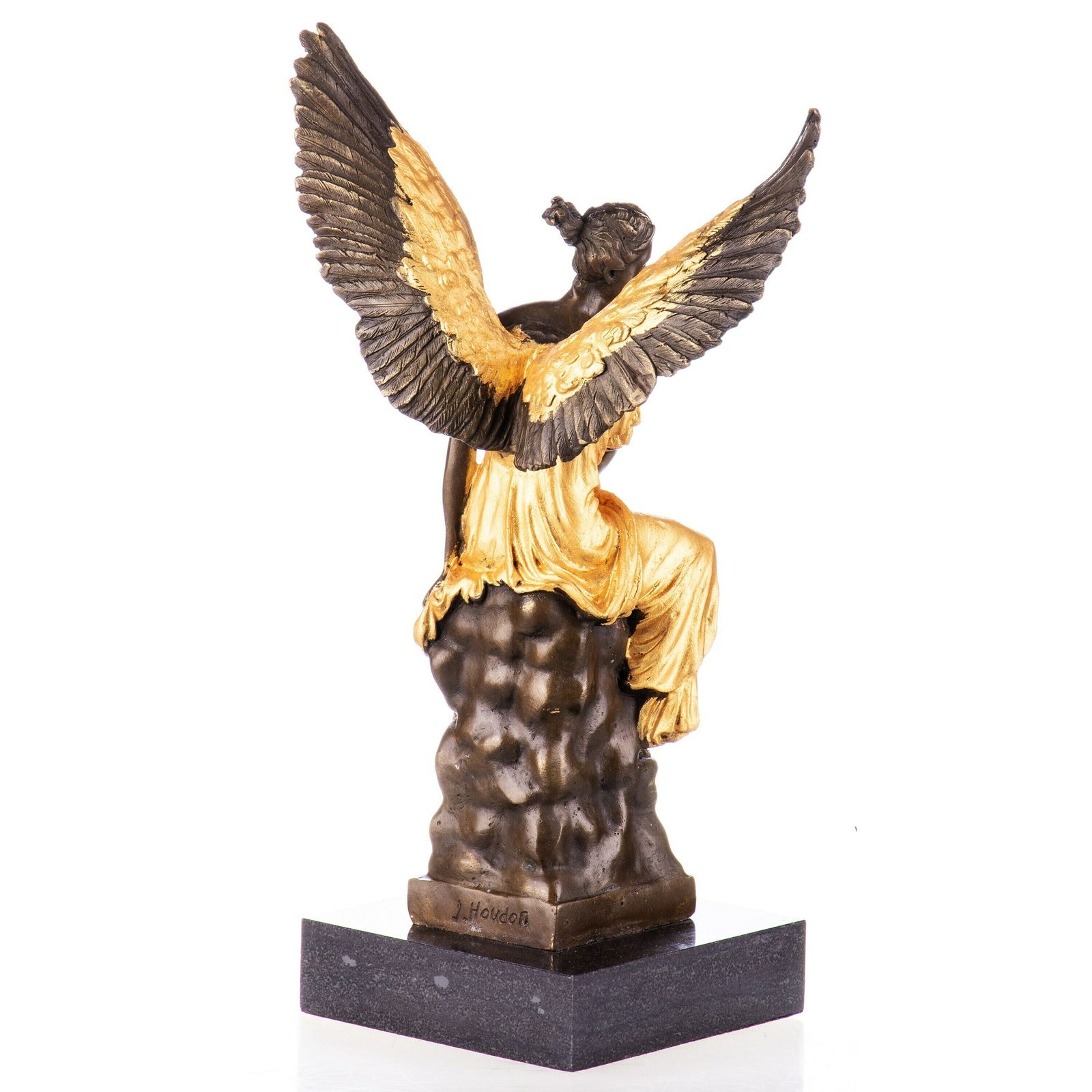 Angel With Gold Laurel Wreath And In Golden Robe, Art Deco Style Figurine, Bronze Sculpture On Stone Base, Home Decor, Office Decoration photo for sale