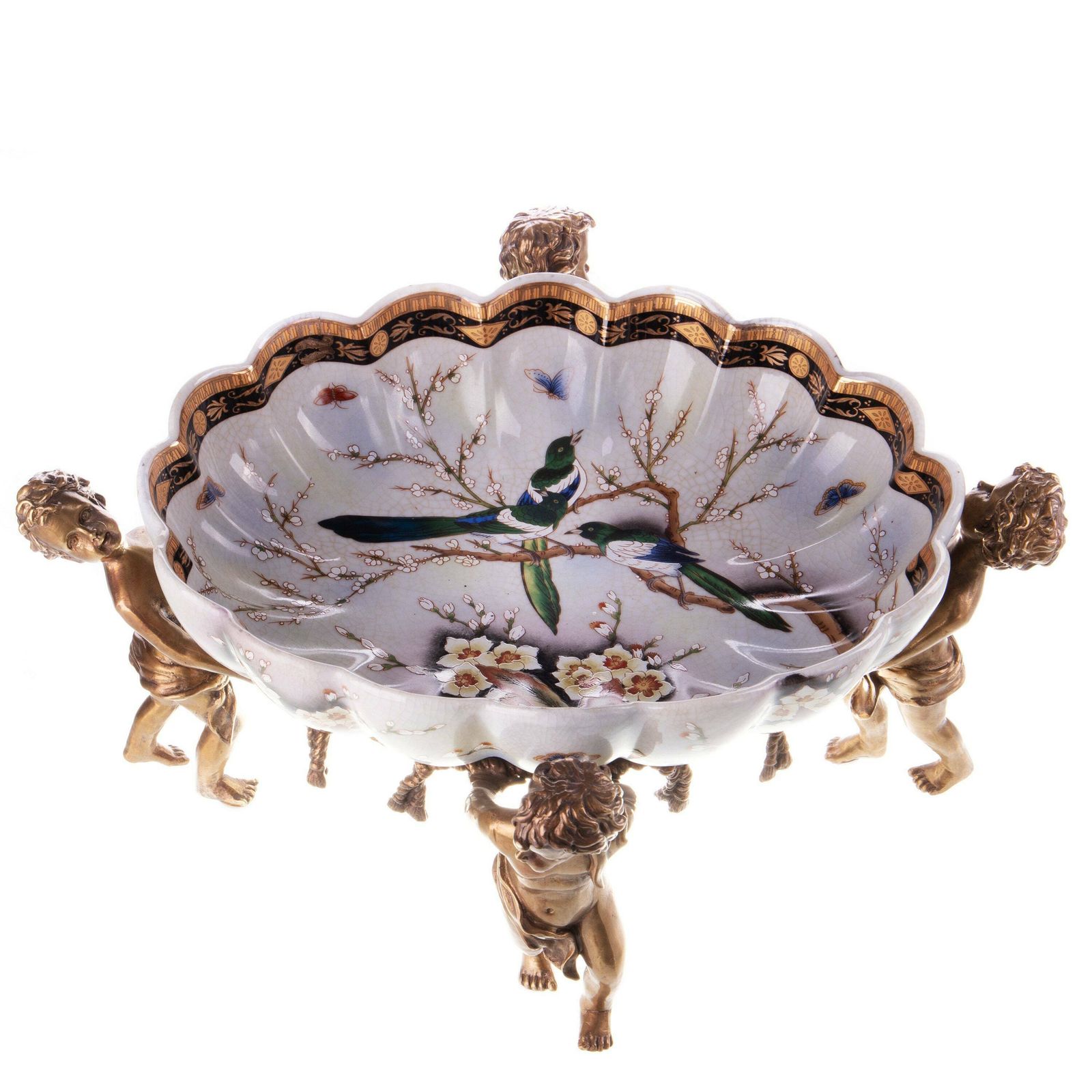 Large Decorative Bowl, Plateau Made Of Porcelain And Bronze, Angels And Birds, Antique Home Deco photo furniture