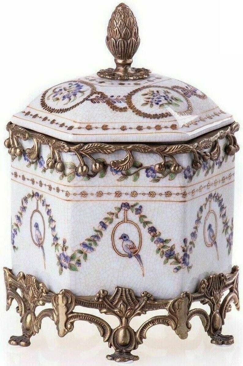 Porcelain Box With Lid, Bronze Mounted, Floral Ornaments, Elegant Wedding Gift
