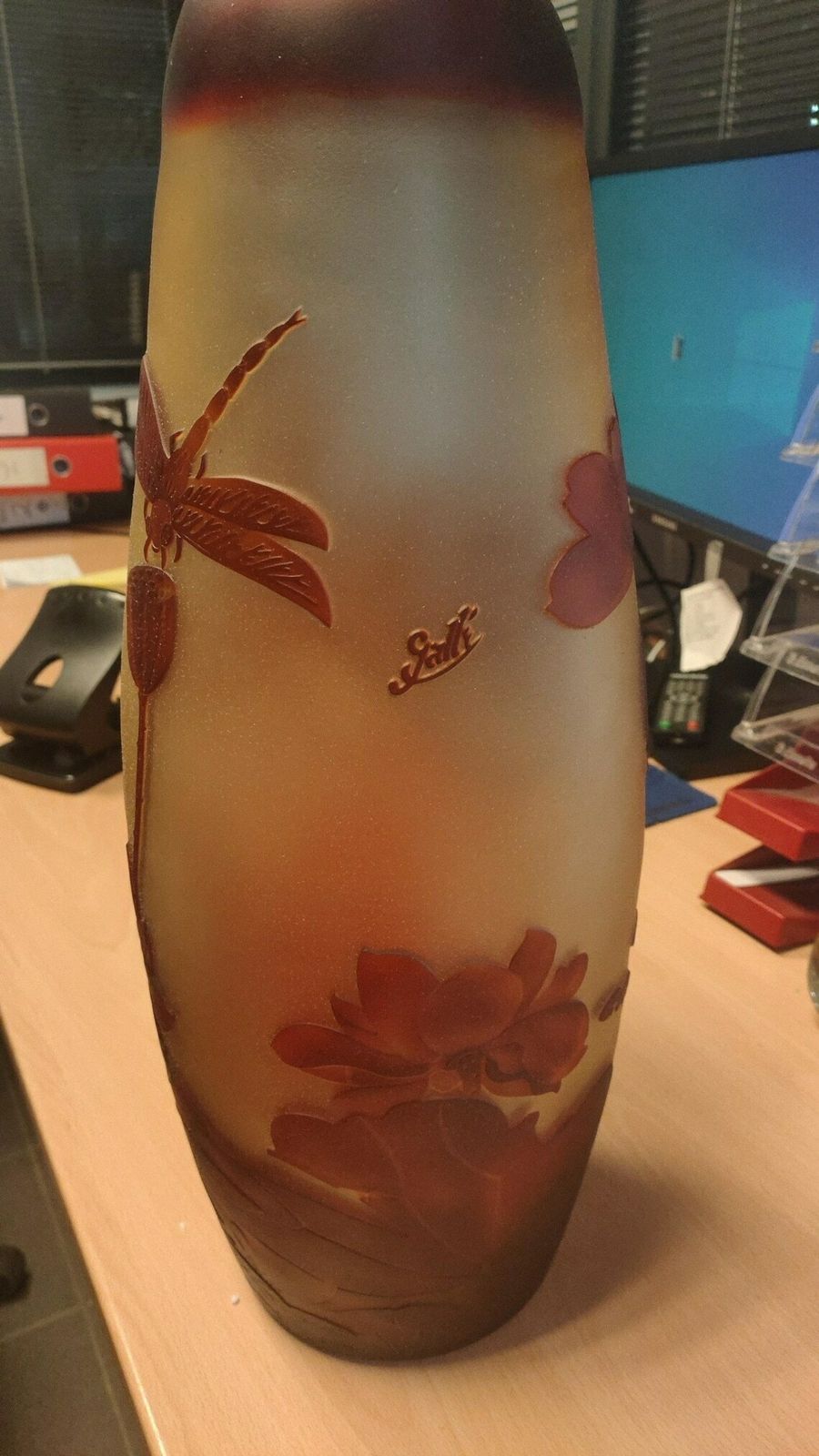 Vintage Emile Galle Style Vase, Big Glass Vase With Hibiscus, Yellow And Brown Glass Vase, Flower Vase, Wedding Gift Idea photo for sale