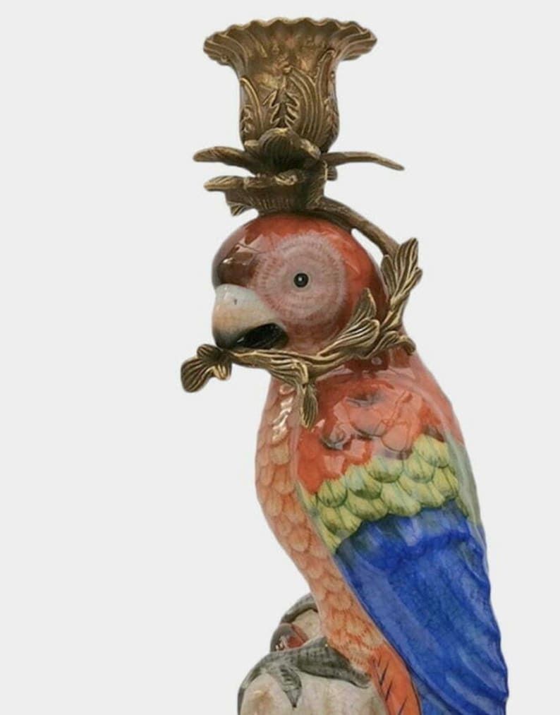 Parrots Shaped Candleholders Set, Red Birds Made Of Porcelain And Bronze, Antique Home Decor photo for sale