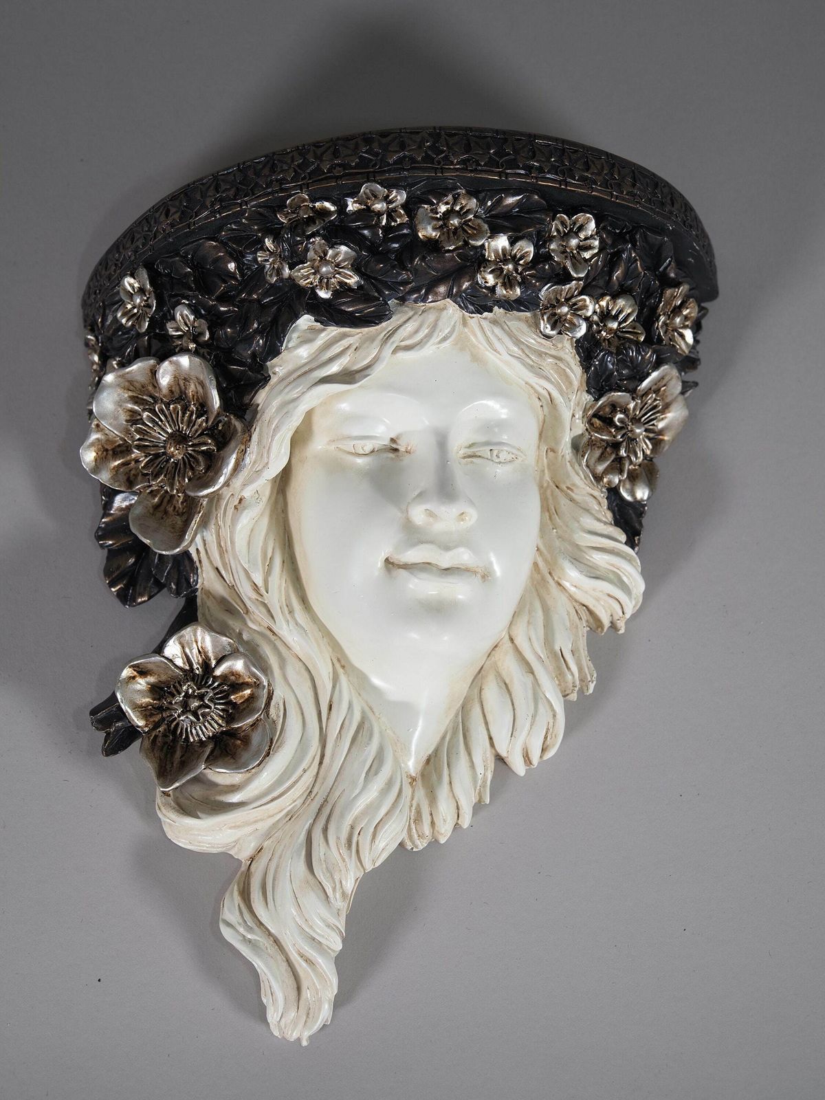 Antique Style Girl's Head Wall Console With Flower Wreath Art Nouveau Wall Sculpture photo furniture