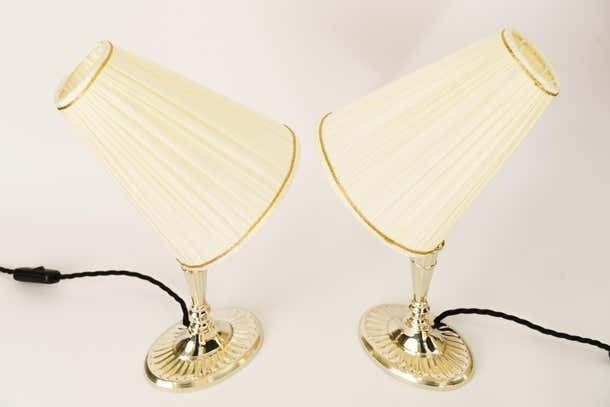 2 Table Lamps Alpaca With Oval Base And Fabric Shades Vienna Around 1920s photo for sale