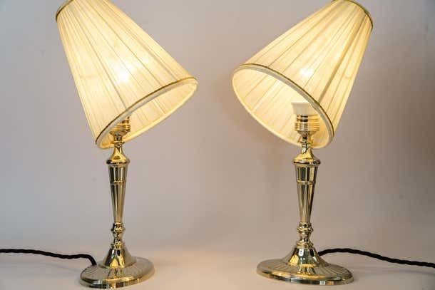 Lighting 2 Table Lamps Alpaca With Oval Base And Fabric Shades Vienna Around 1920s photo